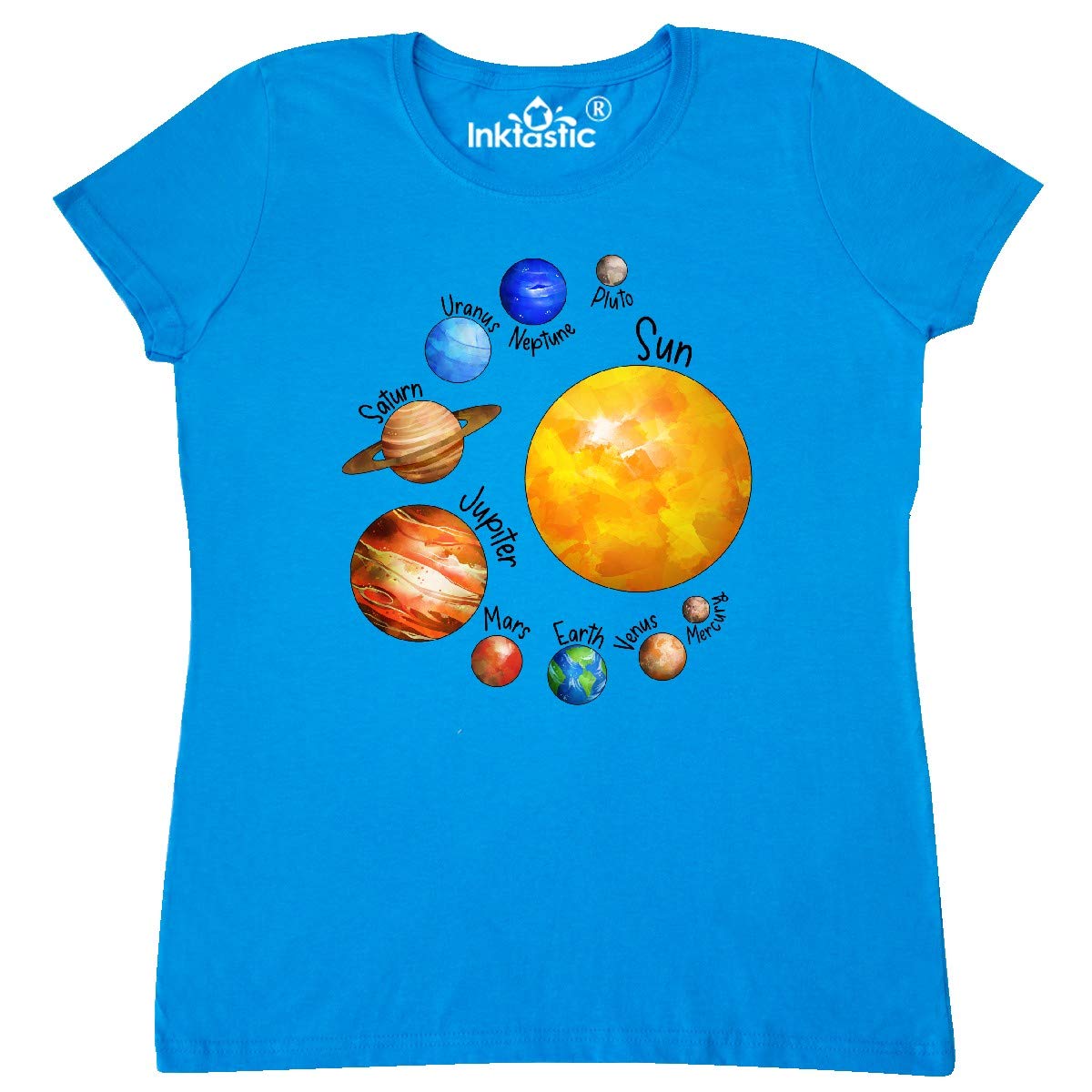 Inktastic Sun and Planets - Yes, and Pluto Women's T-Shirt | Space & Astronomy Graphic Tee for Women | Casual Wear, Gifts for Space Lovers, Everyday Outfit