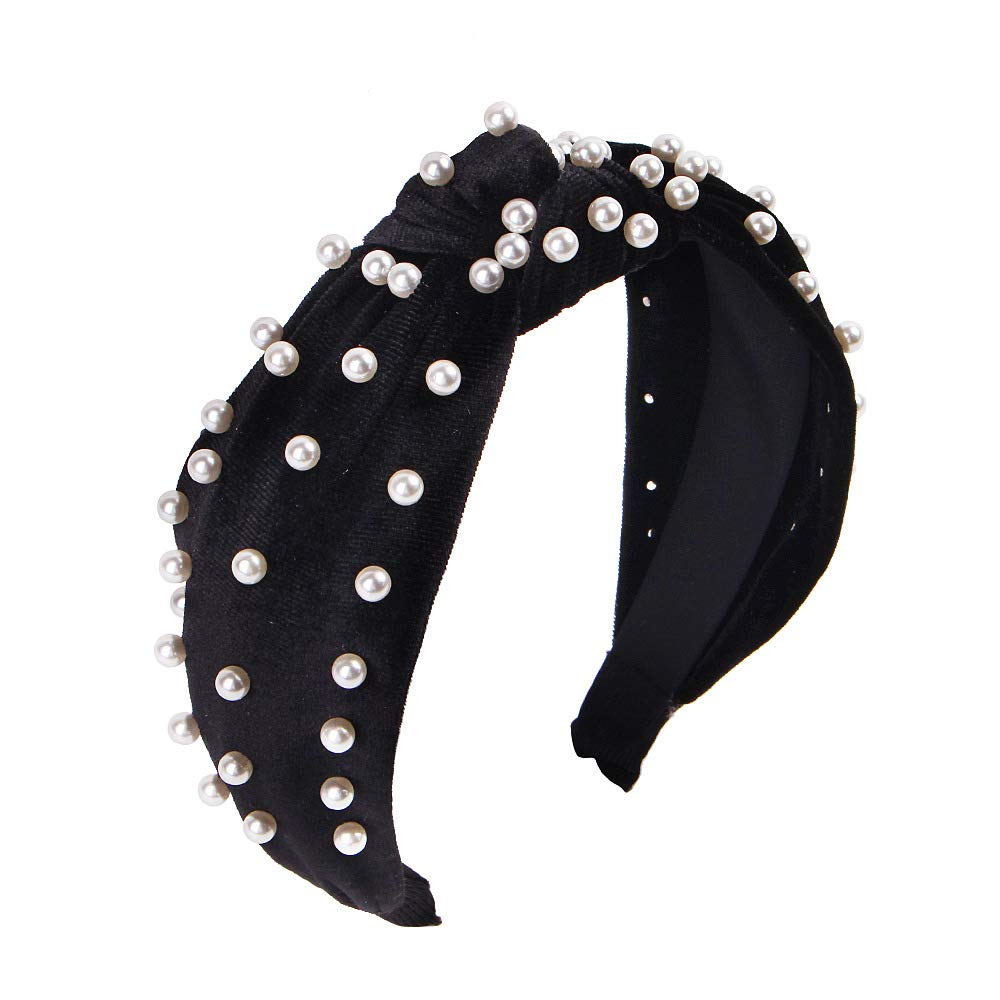 2PCS Women's Fashion Headbands - Etercycle Bow Knotted Wide Elastic Hair Bands for Yoga, Workouts & Daily Wear (Black & Black Pearl) - Comfortable Non-Slip Hair Accessories for Women & Girls