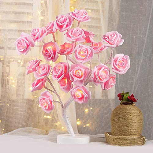 Rose Flower Table Lamp with 24 Warm White LED Lights - USB/Battery Powered Decorative Desk Lamp for Women, Teens & Girls | Perfect Gift for Bedroom, Wedding, Christmas Party Decor (Indoor/Outdoor Use)