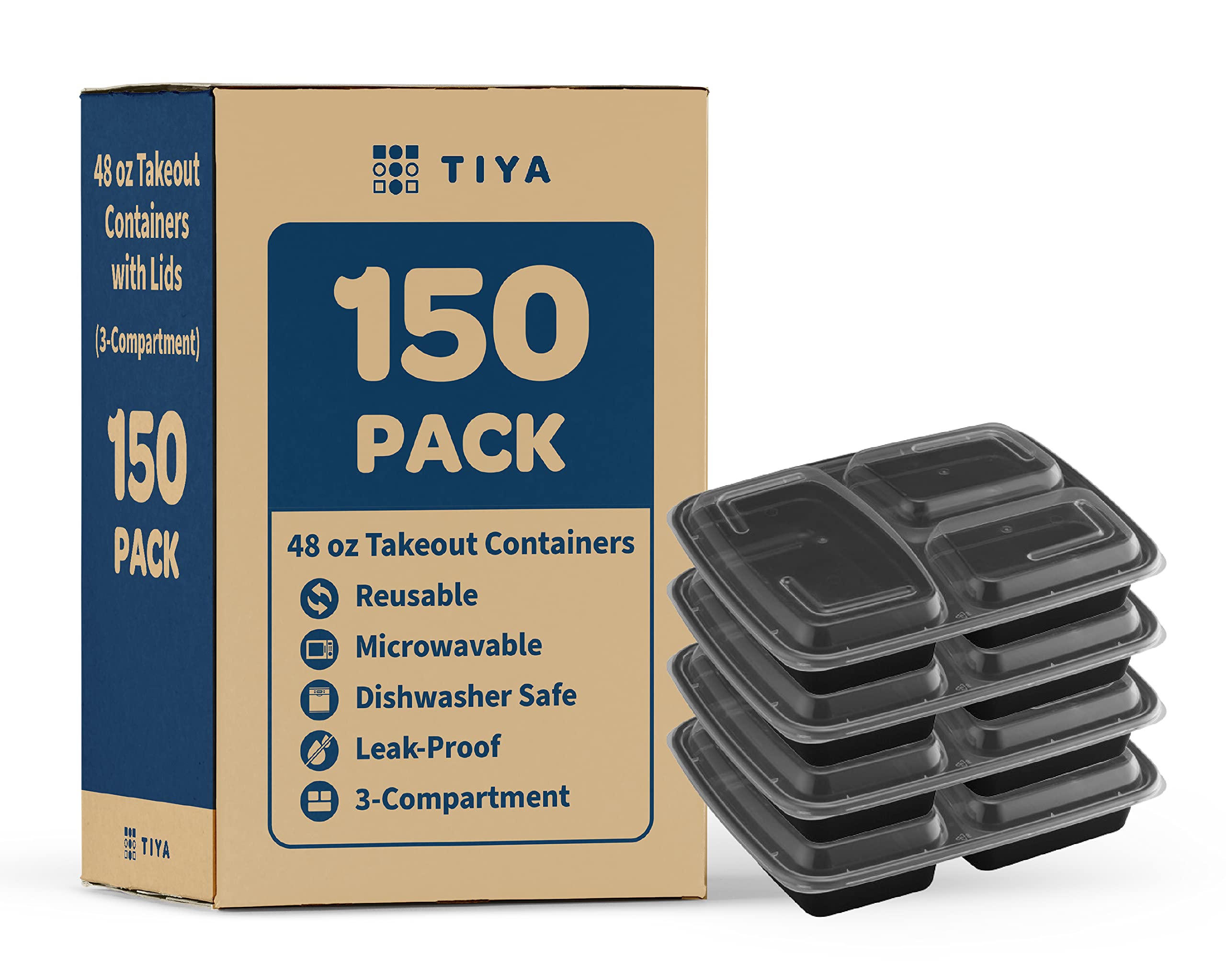 TIYA 48 oz Takeout Food Containers - Bulk 150 Pack with Lids - Reusable Plastic Compartment To-Go Boxes - Microwavable & Dishwasher Safe - BPA-Free & Leak-Proof for Restaurants, Meal Prep, Catering, and Leftovers Storage