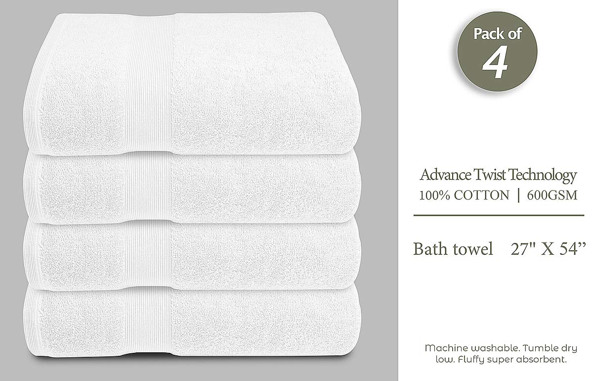 Softolle 100% Organic Cotton Luxury Bath Towels Set of 4 - Ultra Soft & Highly Absorbent 27x54 Inch Bathroom Towels - Eco Friendly White Towels for Spa, Hotel & Home Use