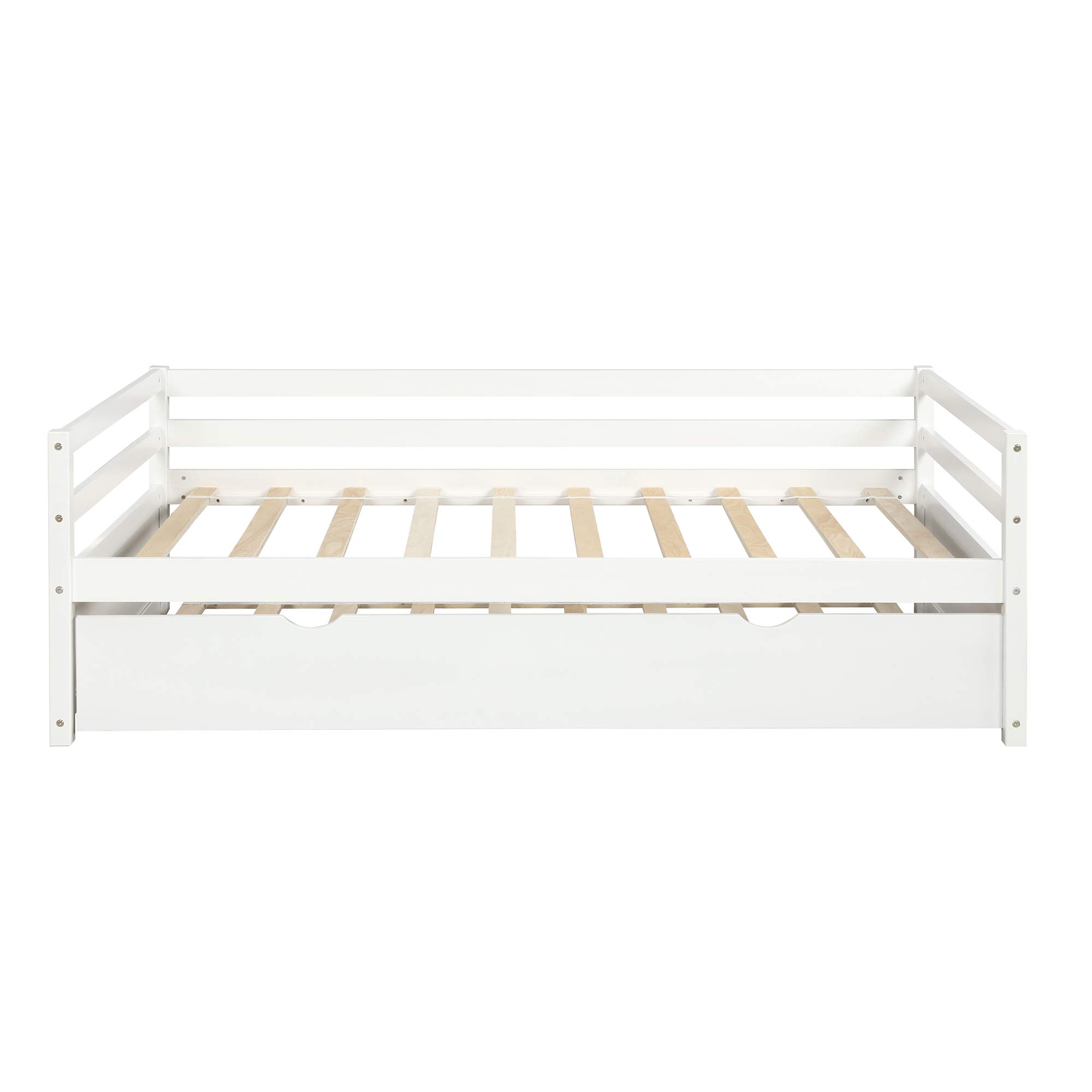 Modern Solid Wood Twin Size Daybed with Pull Out Trundle - White Wooden Sofa Bed Frame for Guest Room, Kids Room & Small Spaces - Sturdy Daybed with Storage & Convertible Design