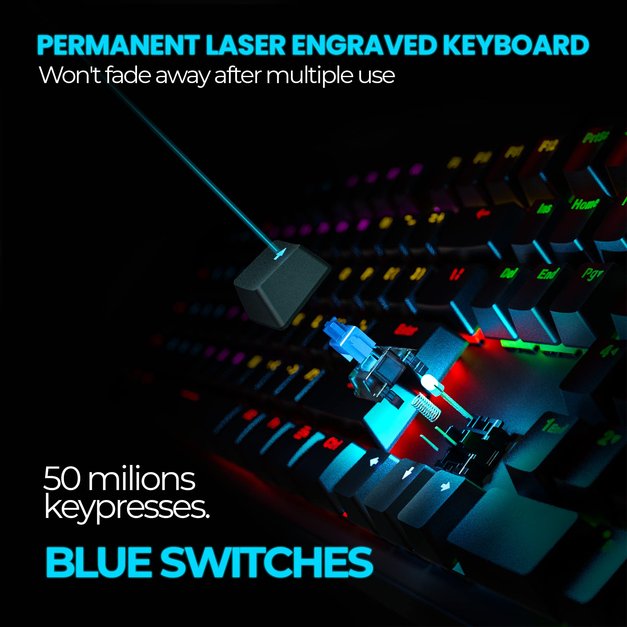 REAL Mechanoid X107 TBI Mechanical Gaming Keyboard - Blue Switches, RGB LED Backlit, Laser Etched Keys - Ergonomic Leather Wrist Rest - Wired USB Keyboard for PC Gaming, Esports & Office Work - Perfect for FPS, MOBA & Typing Enthusiasts
