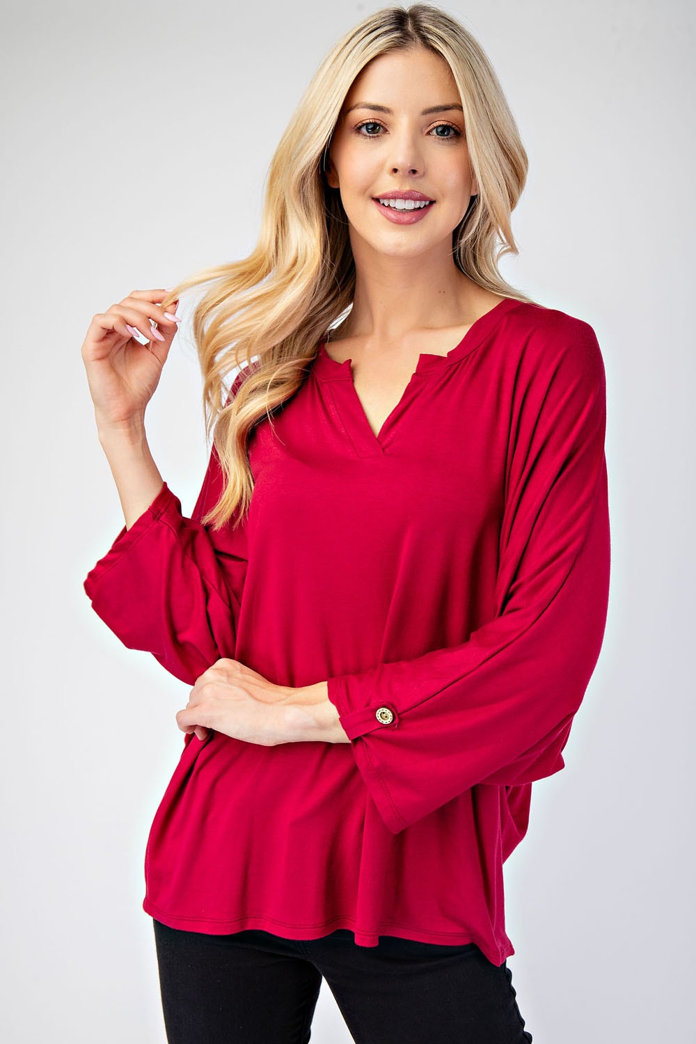 Celeste Women's Full Size Notched Three Quarter Sleeve Blouse - Elegant Office Wear & Casual Outfit