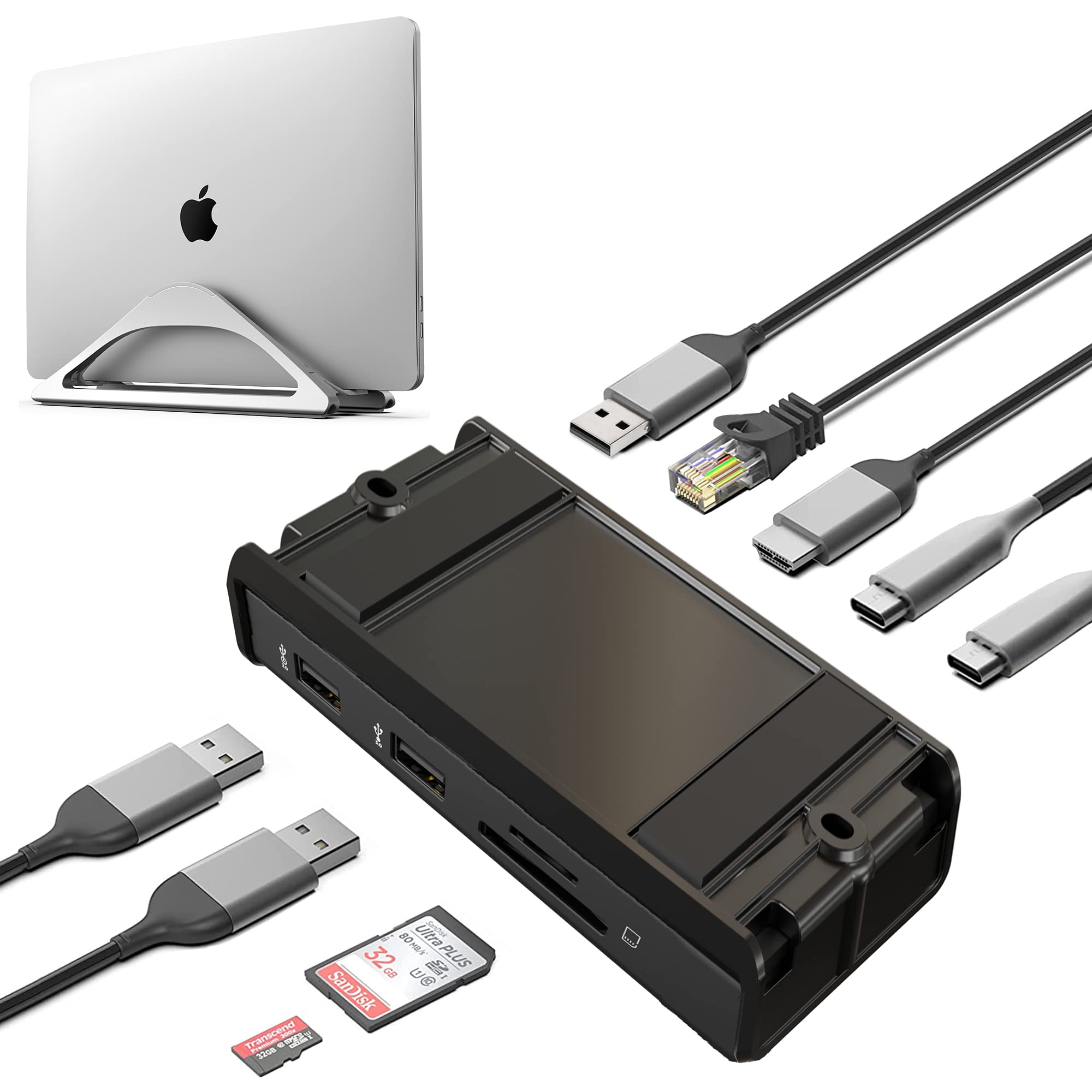 HumanCentric Silver Vertical Laptop Stand with USB C Docking Station - 87W Charger & HDMI Monitor Dock - Ergonomic Desk Organizer for MacBook, Dell, HP (Home Office & Workspace Setup)