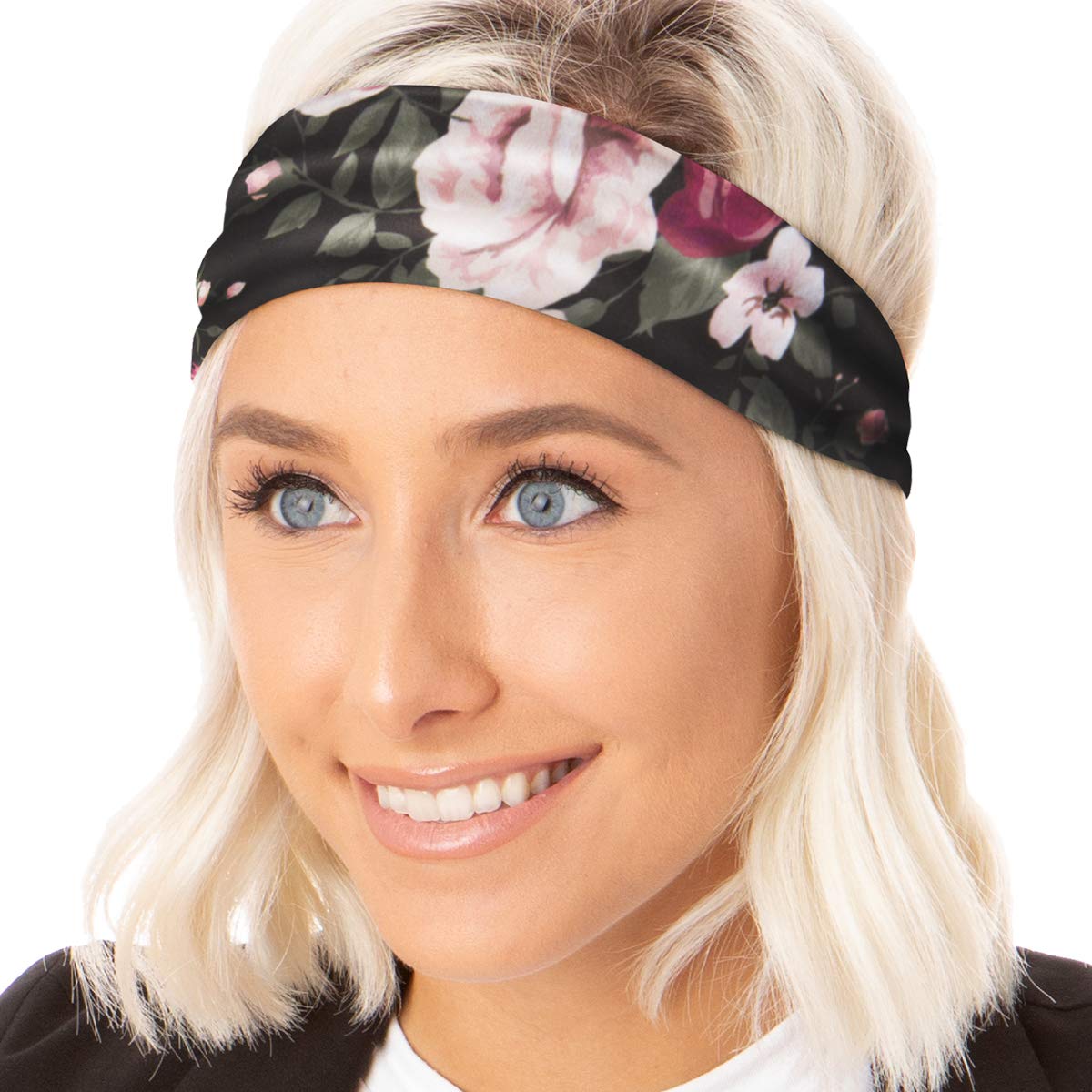Hipsy Adjustable Wide Sports Headbands for Women & Girls - 5 Pack (Black, Grey, Floral, Charcoal, Burgundy) - Soft & Comfortable Workout Headbands for Running, Yoga & Gym