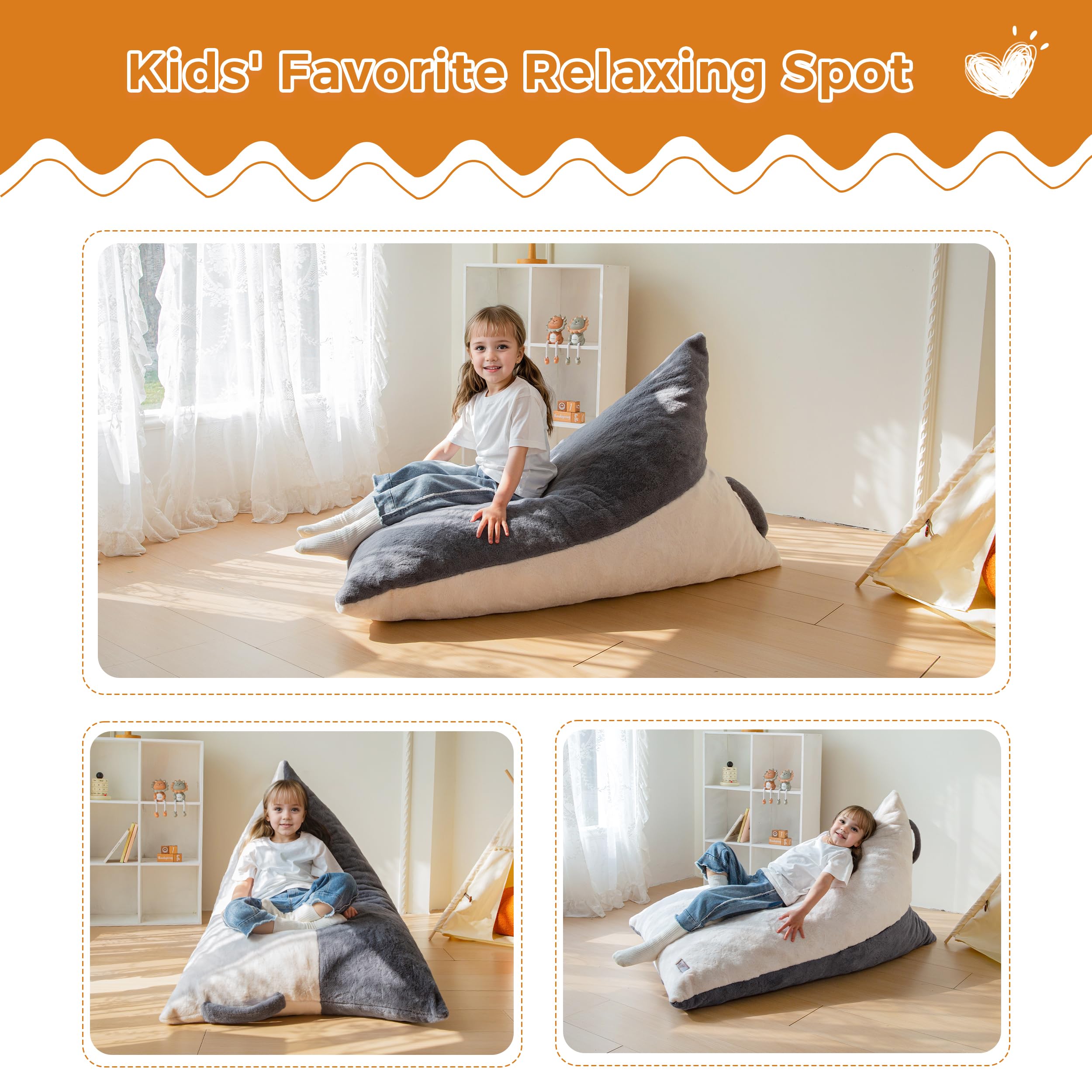 MAXYOYO Kids Bean Bag Chair with 2-Tone Handle - High-Density Foam Floor Lounger in Grey & White - Perfect for Playrooms, Bedrooms & Reading Nooks