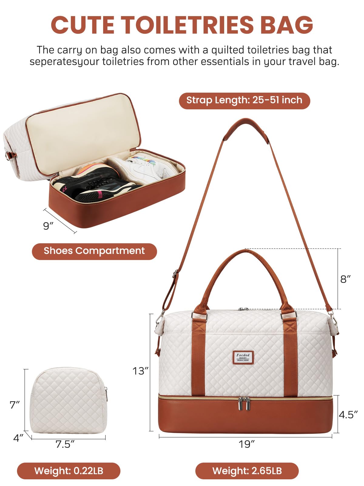 Women's Travel Weekender Duffle Bag with Shoe Compartment & Wet Pocket - Large Carry-On Overnight Bag with Toiletry Organizer - Perfect for Weekend Getaways, Hospital Visits, and Labor Delivery (Beige Brown)