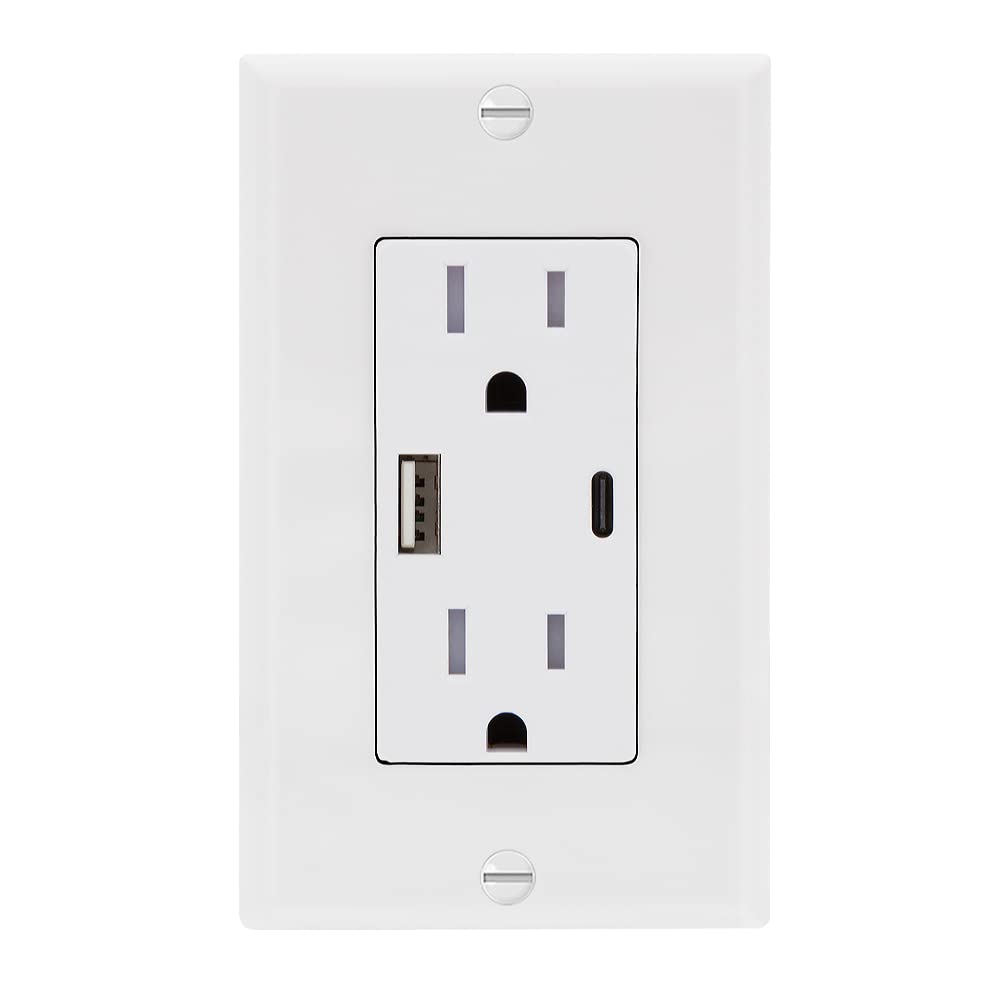 Maxxima 15A Tamper-Resistant USB Wall Outlet with 4.8A Fast Charging - 2 Standard Outlets + 1 USB-C & 1 USB-A Ports for iPhone, Android, Tablets - Perfect for Bedrooms, Kitchens & Home Offices