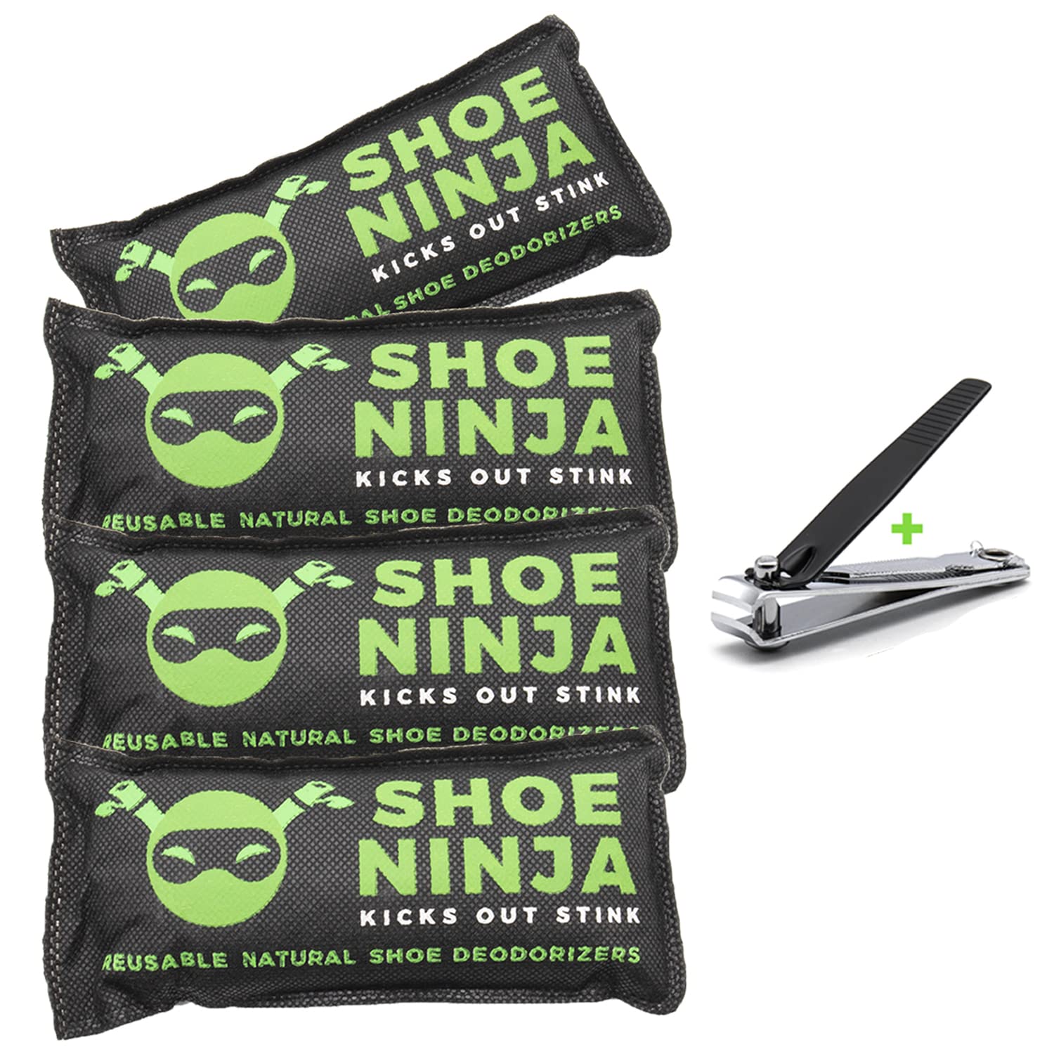 Activated Charcoal Shoe Deodorizer Inserts - Natural Shoe Odor Eliminator Bags for Men & Women - Absorbs Bad Smell & Moisture - Pack of 4 with Free Nail Clippers - Perfect for Gym Shoes, Work Boots & Daily Footwear