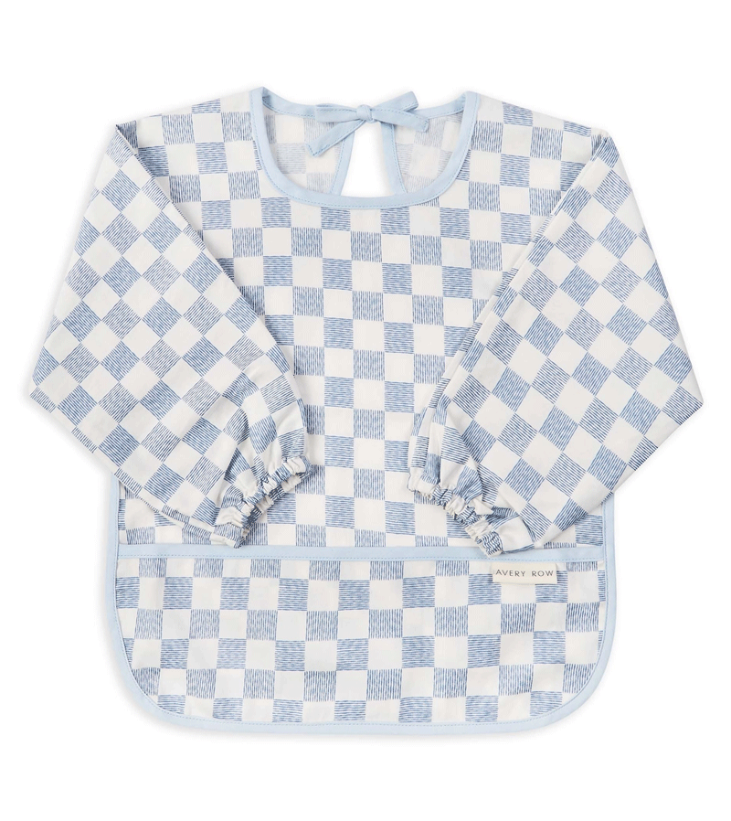 Avery Row Blue Check Sleeved Bib - Stylish and Comfortable Baby Feeding Bib with Adjustable Sleeves - Perfect for Mealtime, Messy Play, and Toddler Snacks