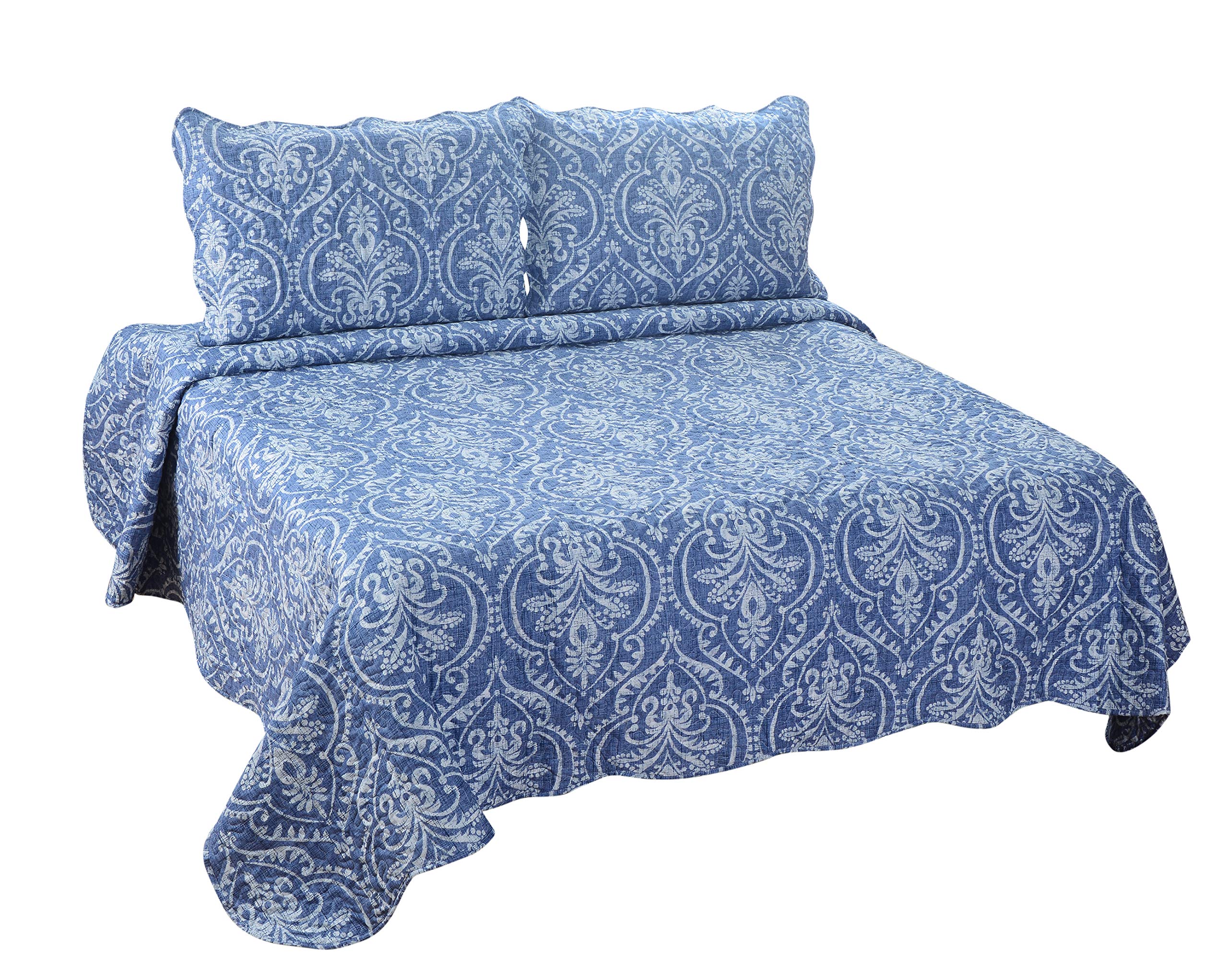 King Size Blue Damask Printed 3-Piece Quilt Set - Ultra Soft Summer Bedspread with 2 Quilted Shams | Marina Decor Bedding for Master Bedroom & Guest Room