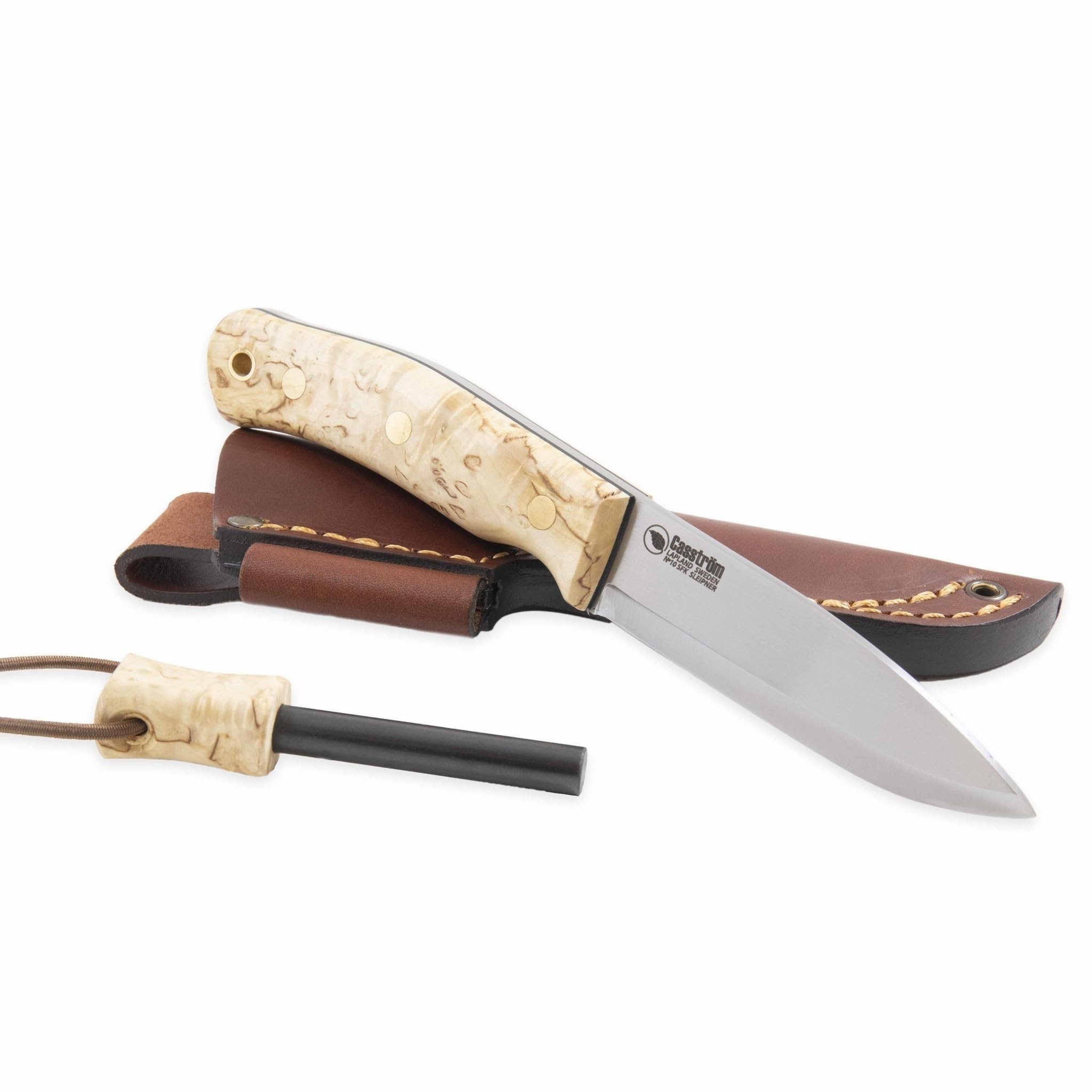 Casstrom No.10 SFK Outdoor Survival Knife - Sleipner Steel Blade with Scandi Grind & Curly Birch Handle, Includes Firesteel - Perfect for Bushcraft, Camping, and Wilderness Survival
