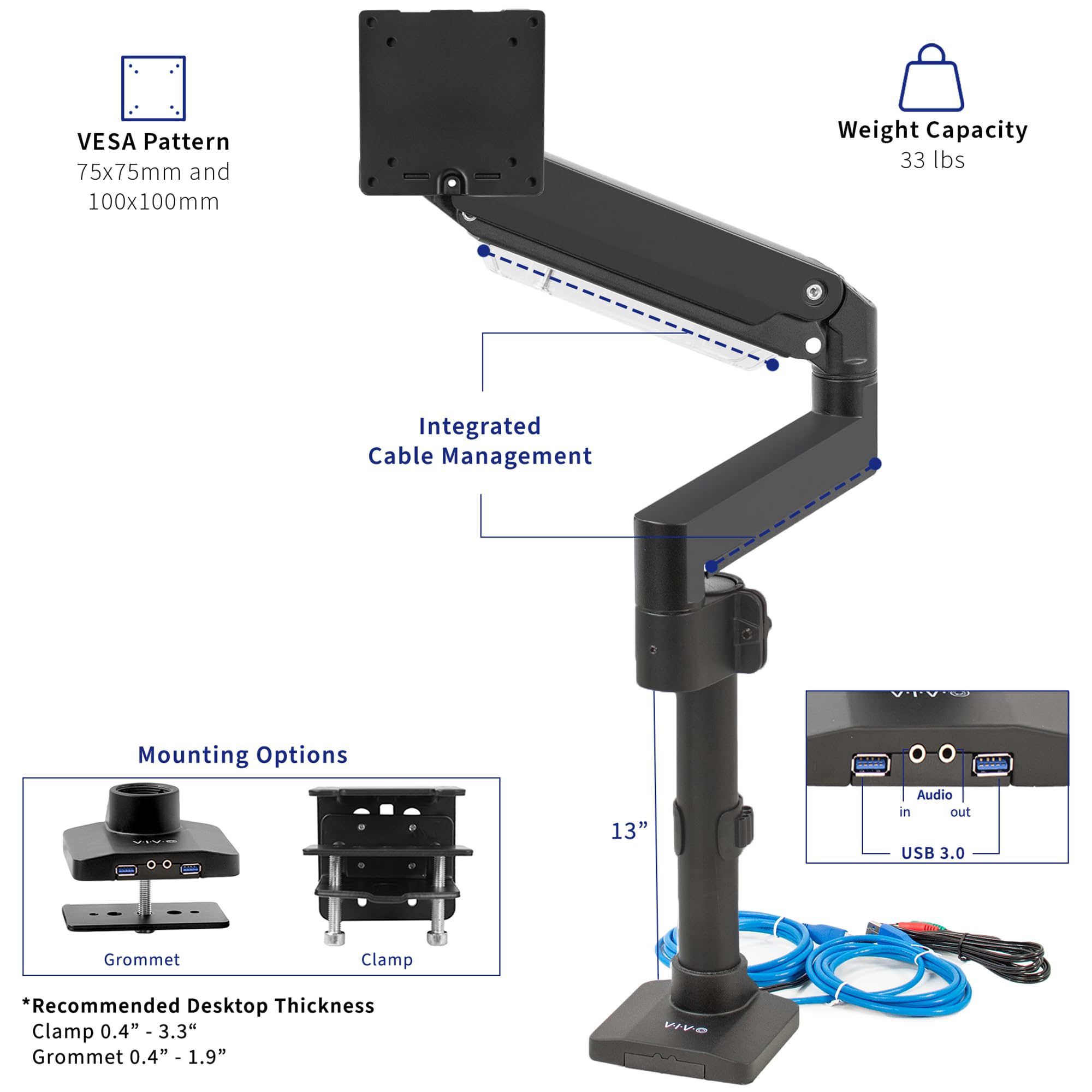 VIVO Premium Aluminum Extended Monitor Arm for Ultrawide Monitors up to 49 inches, 33 lbs Capacity - Single Desk Mount Stand with USB Port, Pneumatic Height Adjustment, Max VESA 100x100 (Black, STAND-V101GTU) - Perfect for Home Office, Gaming Setup, and Workspace Ergonomics
