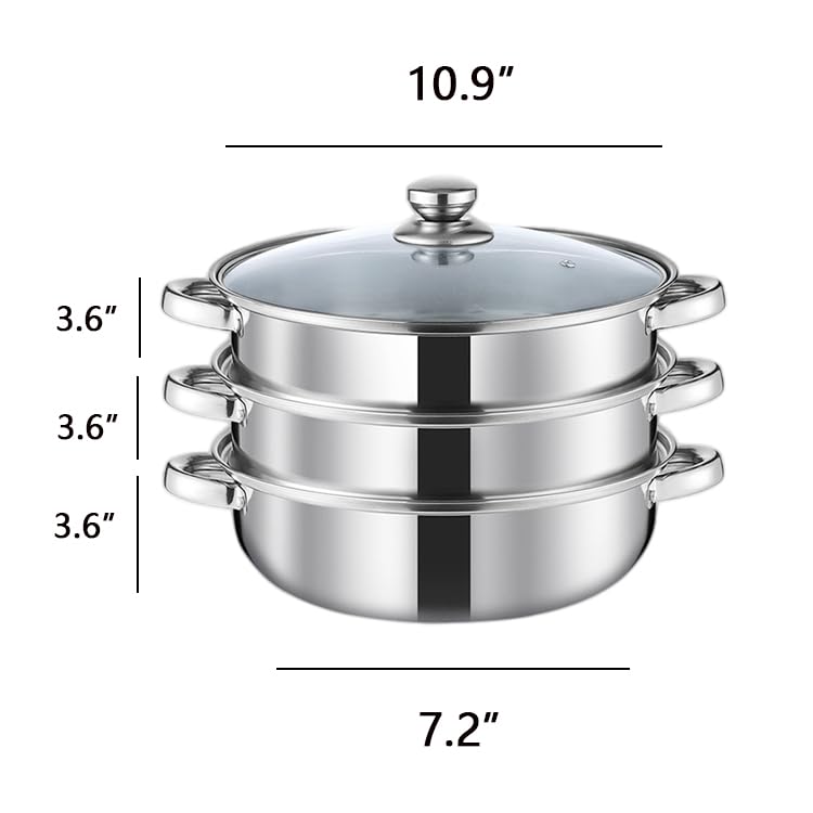 11 Inch 3-Tier Stainless Steel Steamer Pot with Handle - Multipurpose Cookware for Vegetables, Dumplings & Seafood | Perfect for Healthy Cooking, Meal Prep & Asian Cuisine