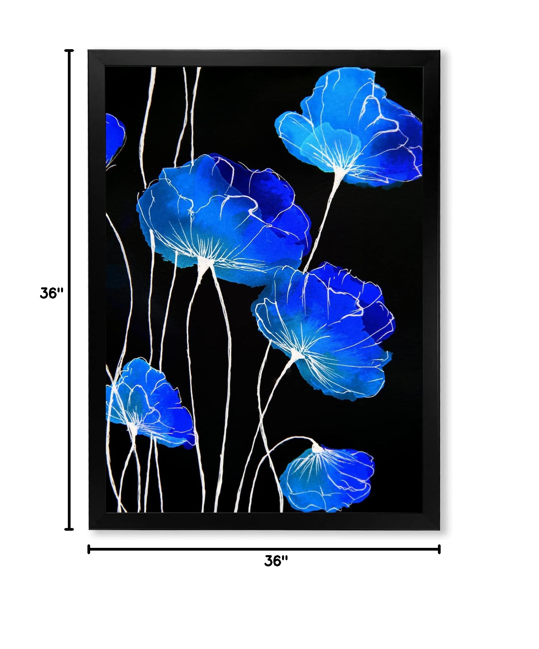 Blue Flowers on Black II - Traditional Framed Wall Art Painting - Home & Office Decor for Living Room, Bedroom, Dining Area