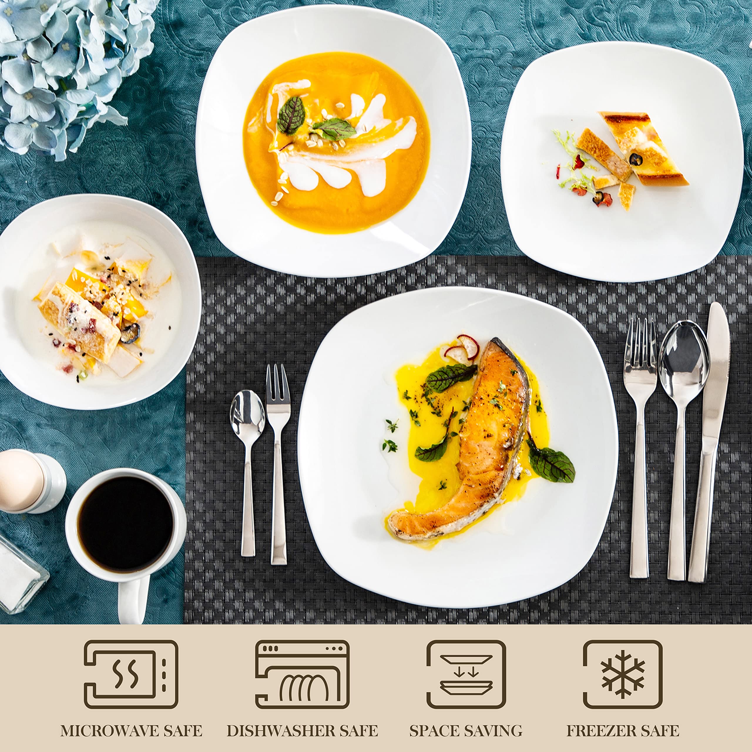 MALACASA 100-Piece Grey White Dinnerware Set for 12 - Square Plates, Bowls, Cups & Saucers with Egg Cups, Sugar Pot & Milk Jar - Elegant Elisa Series for Formal Dining, Wedding Registry & Holiday Entertaining