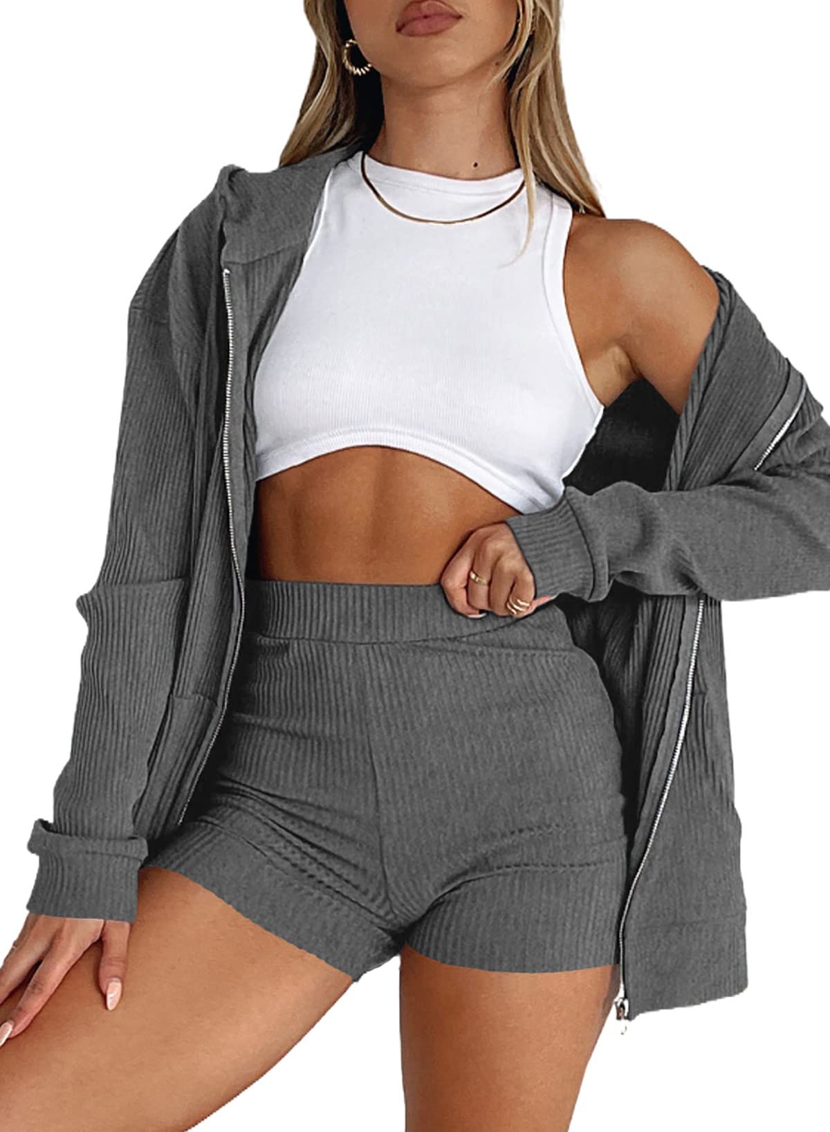 Aleumdr Women's 2-Piece Waffle Knit Lounge Set - Long Sleeve Zip Up Hoodie with Pockets & Matching Shorts - Cozy Pajama Outfit for Home, Sleepwear, and Casual Wear