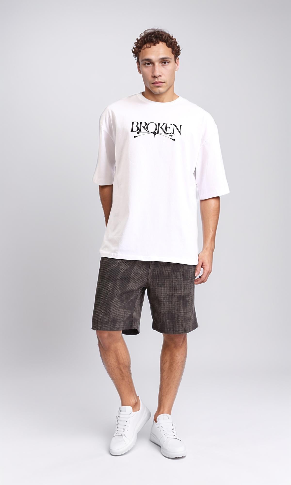 R207698 Crew Neck Printed Broken Tee - White | Trendy Graphic T-Shirt for Men & Women | Perfect for Casual Wear, Street Style & Everyday Outfits