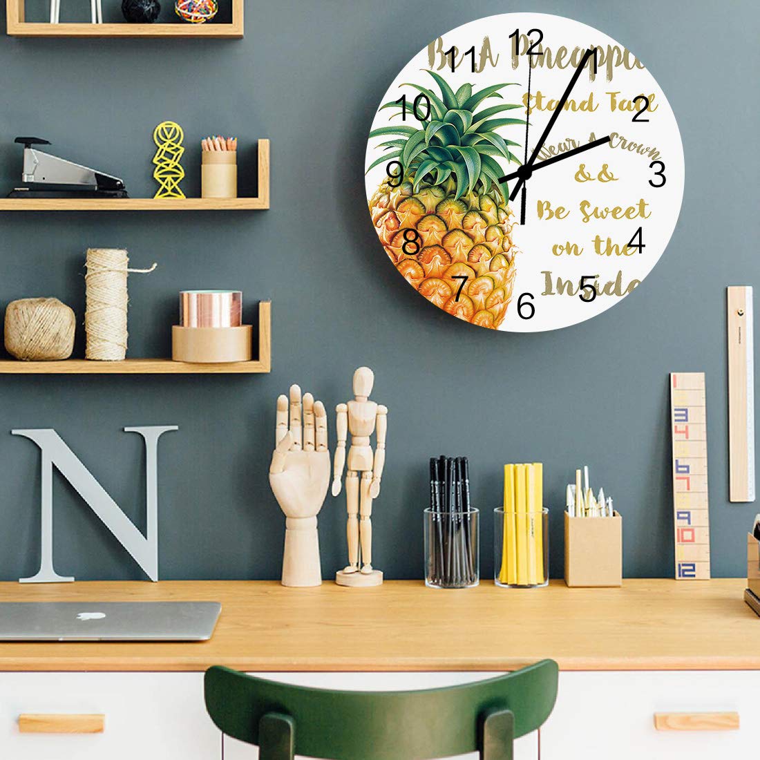 12 Inch Silent Non-Ticking Wooden Round Wall Clock with Pineapple Design and Inspirational Quotes - Battery Operated Home Decor for Kitchen, Bathroom, Living Room - Perfect for Farmhouse, Coastal, and Boho Style Interiors