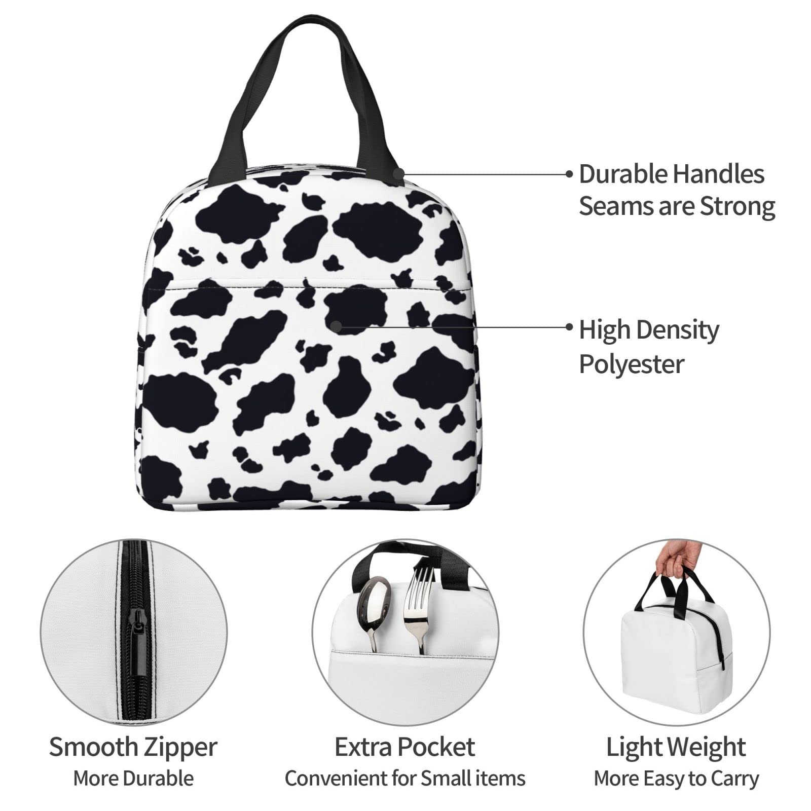 Black and White Cow Print Insulated Lunch Bag - Reusable Tote for Office, Camping, Travel, Picnic, Beach & Fishing - Portable Cooler for Adults (Great for Work, School, Outdoor Adventures & Daily Commute)