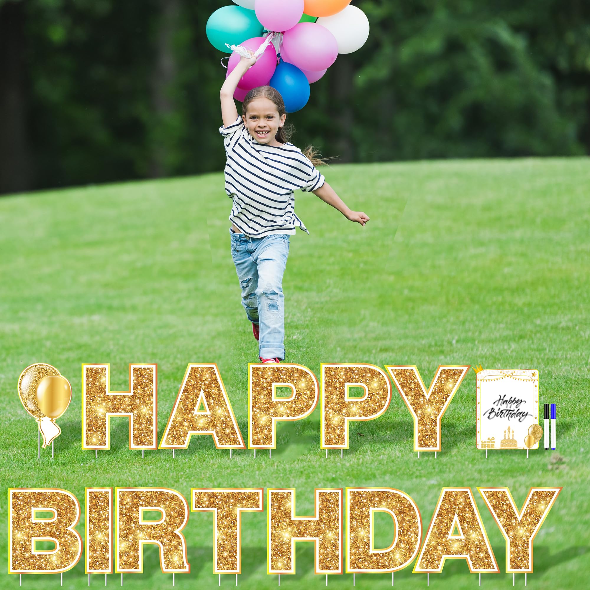 Elcoho 15 Pack Gold Happy Birthday Yard Signs with Stakes - Lawn Decorations Set with Balloon Designs for Outdoor Birthday Party Decor - Perfect for Backyard Celebrations, Garden Parties & Front Yard Displays