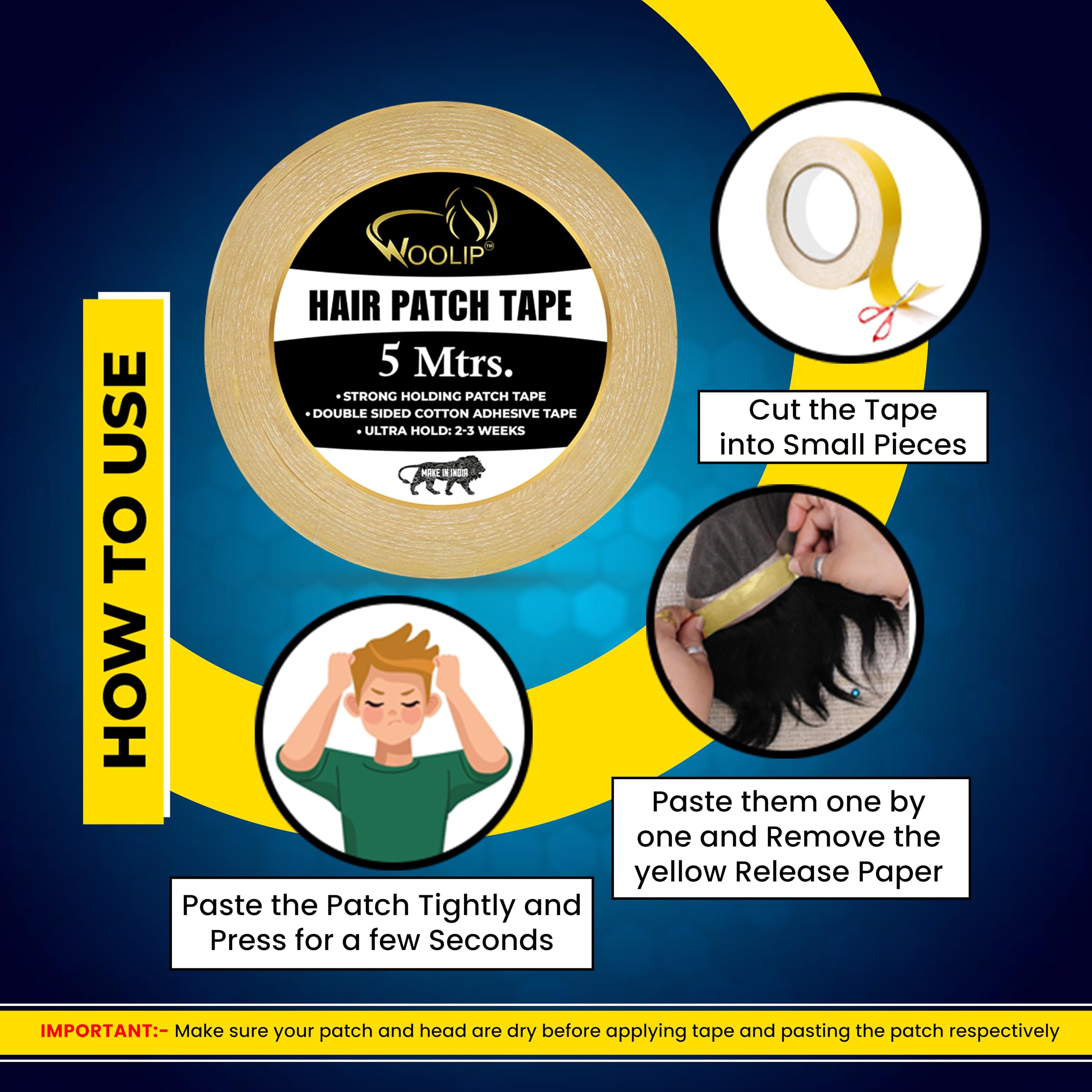 Woolip German Brown Wig Tape - Ultra Strong Hold 1 Inch Cotton Double Sided Waterproof Hair Patch Tape (5M Yellow) for Cosplay, Costumes & Daily Wear