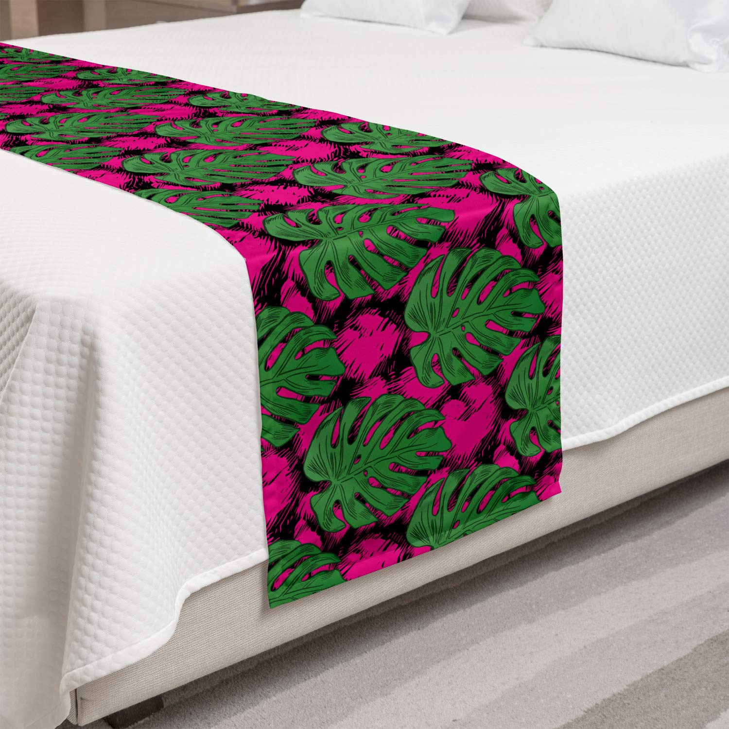 Ambesonne Tropical Bed Runner - Large Monstera Leaves Design, Exotic Decorative Bedding Scarf for Hotels, Homes & Guest Rooms in Hot Pink & Fern Green | Perfect for Boho Bedroom Decor, Tropical Theme Parties & Resort-Style Home Staging