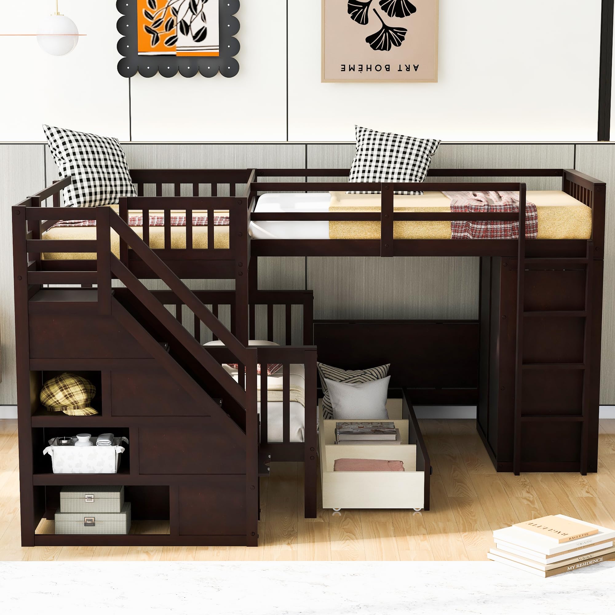 L-Shaped Triple Bunk Bed with Storage Staircase, Wardrobe, Desk & Drawers - Solid Wood Space-Saving Bunk Bed for 3 Kids, Teens or Adults (Twin Over Full, Espresso Finish) - Perfect for Small Bedrooms, Guest Rooms & Shared Kids' Rooms