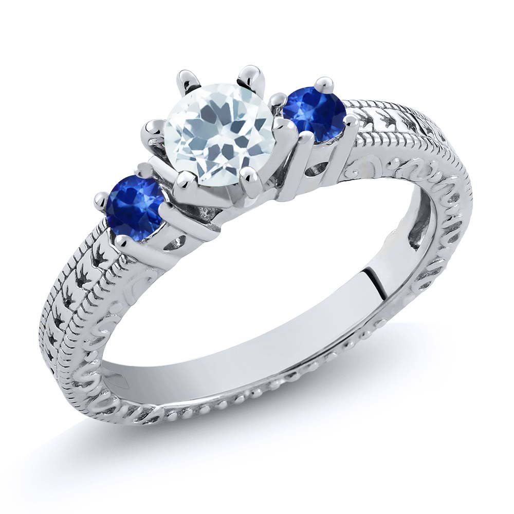 0.71 Ct Natural Sky Blue Aquamarine & Blue Sapphire 925 Sterling Silver 3-Stone Ring for Women - Elegant Wedding, Engagement, Anniversary Jewelry Gift