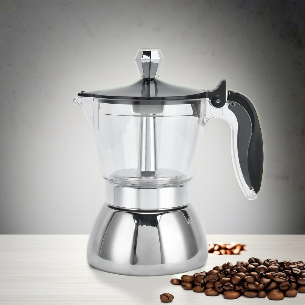 Stainless Steel 4-Cup Moka Pot Coffee Maker with Crystal Glass Top - Stovetop Espresso Maker for Home & Kitchen - Perfect for Espresso, Latte & Cappuccino