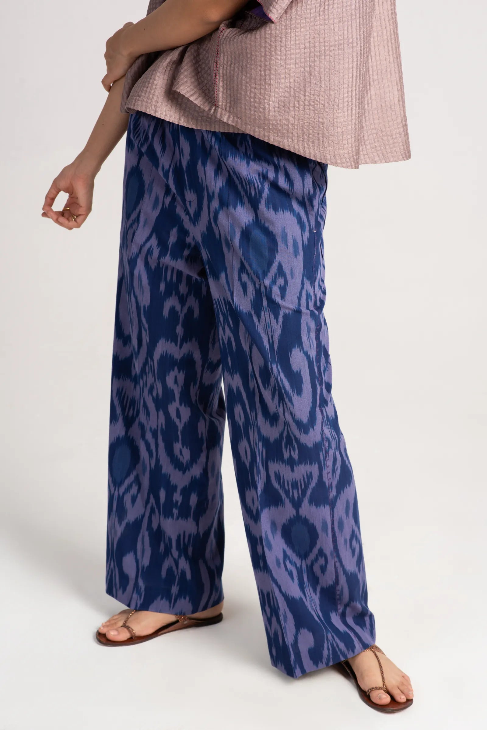 Chandrika Women's Cotton Ikat Print Trousers - Comfortable Indigo Blue Pants for Casual Wear, Yoga & Travel
