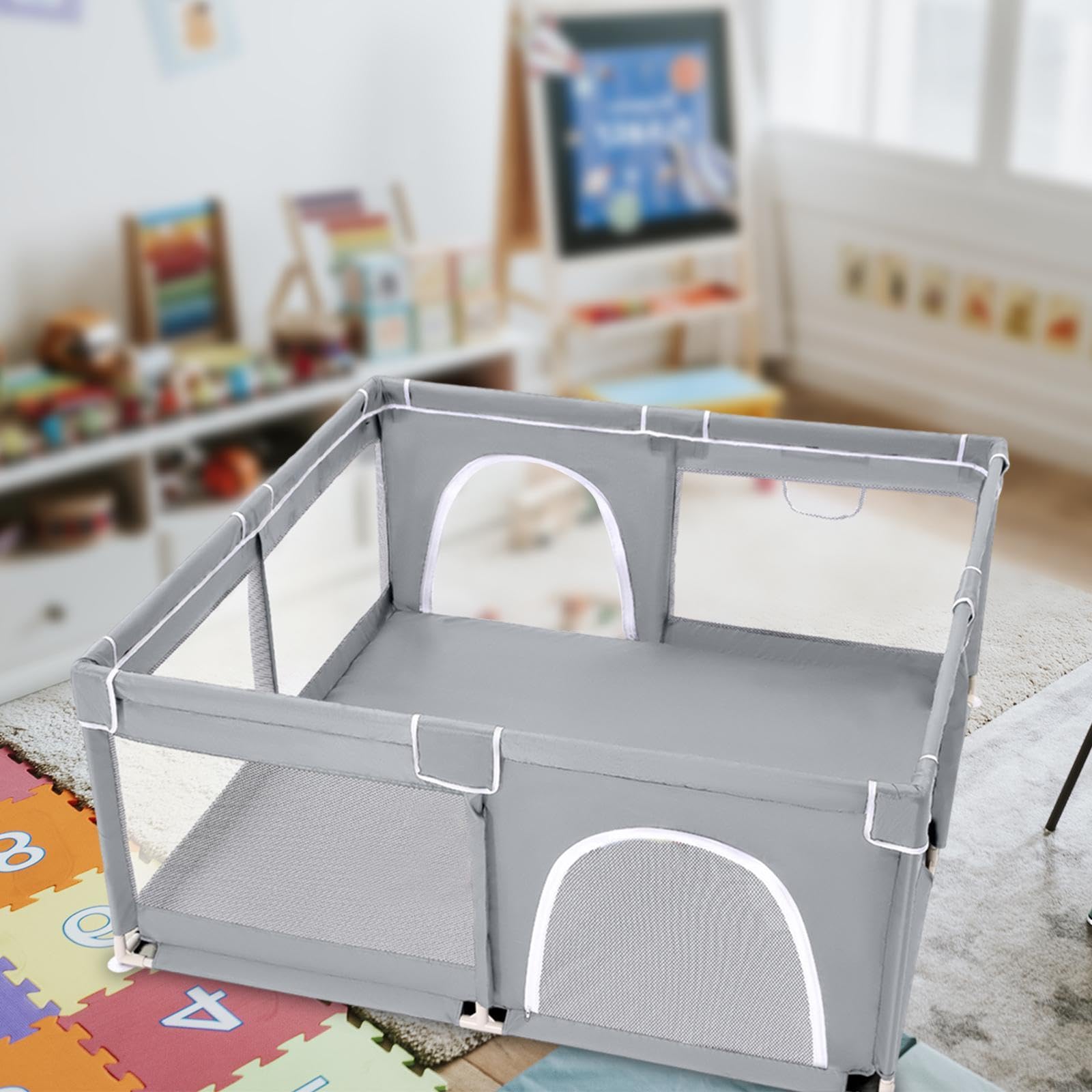 Harayaa Baby Playpen - 120cm Breathable Mesh Play Yard for Infants & Toddlers | Indoor/Outdoor Kids Activity Center for Nursery, Kindergarten & Home (Gray) | Safe Play Space for Crawling, Learning & Playtime