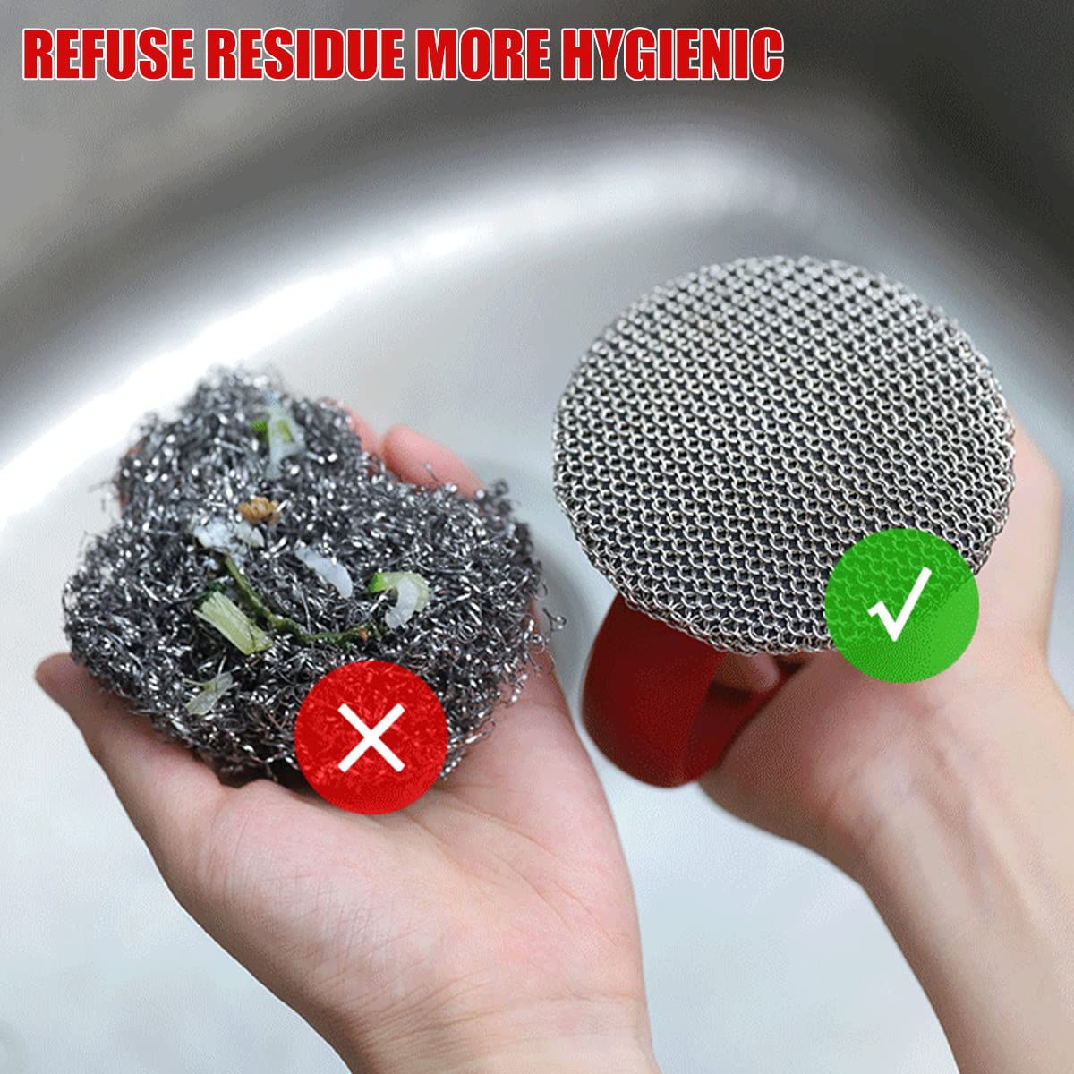316 Stainless Steel Cast Iron Scrubber with Handle - Heavy Duty Chainmail Scrubber for Pots, Pans, Bakeware & Grills - Rustproof Steel Wool Alternative for Kitchen Cleaning & Outdoor BBQ Maintenance