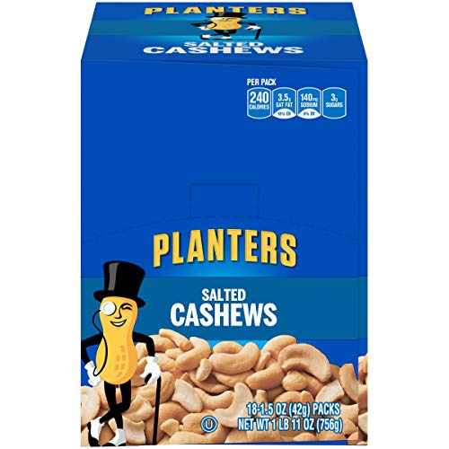 PLANTERS Salted Cashews, 1.5 oz. Bags (18 Pack) - Individually Wrapped Snacks for Adults - Kosher Certified - Perfect for Office, Travel, and On-the-Go Healthy Snacking