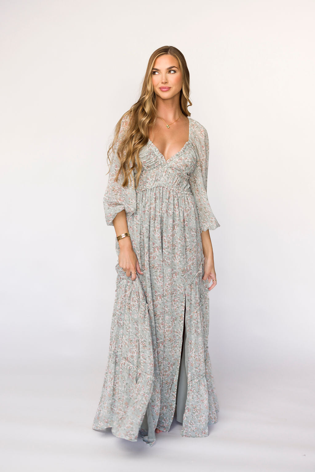 **Daphne Long Sleeve Maxi Dress - Floral Print in Sage, Pink & Ivory | Bump Friendly & Inclusive Sizing (XS-3XL) | Perfect for Maternity, Weddings & Casual Wear**