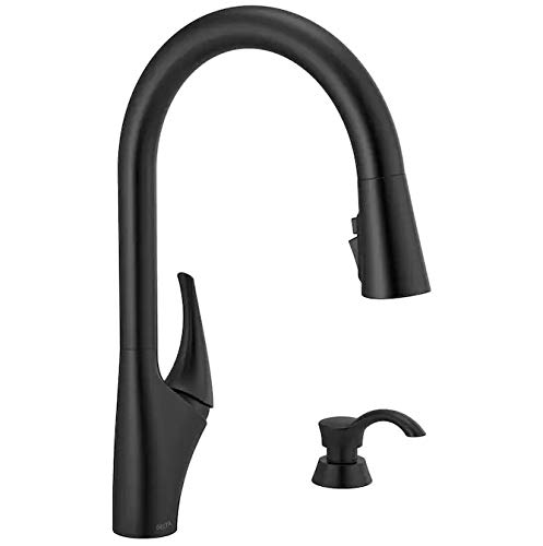 Delta Anderson Matte Black 1-Handle Deck-Mount Pull-Down Kitchen Faucet with Deck Plate - Modern Single Hole Sink Faucet for Easy Dishwashing & Food Prep