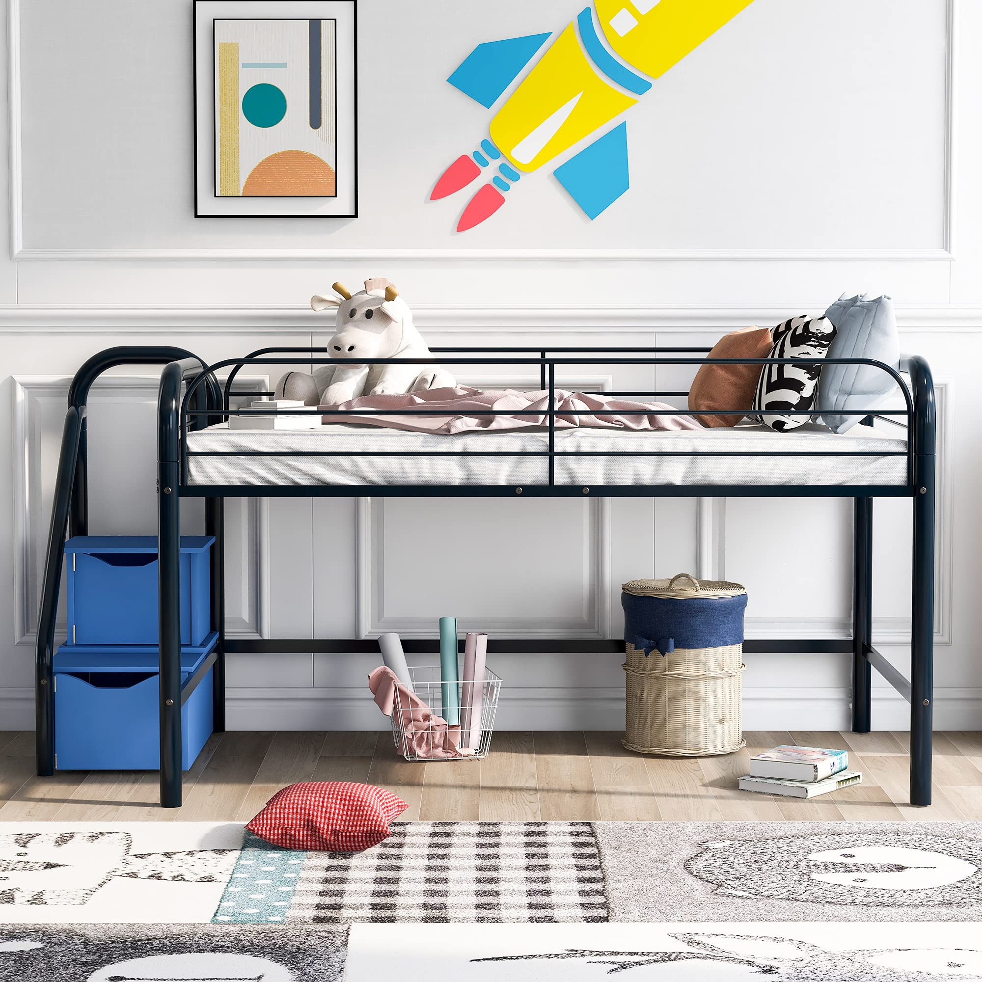 LZ LEISURE ZONE Twin Loft Bed with Storage Steps - Sturdy Metal Low Loft Bunk Bed Frame, No Box Spring Required (Black & Blue) - Perfect for Kids' Rooms, Dorms & Small Spaces
