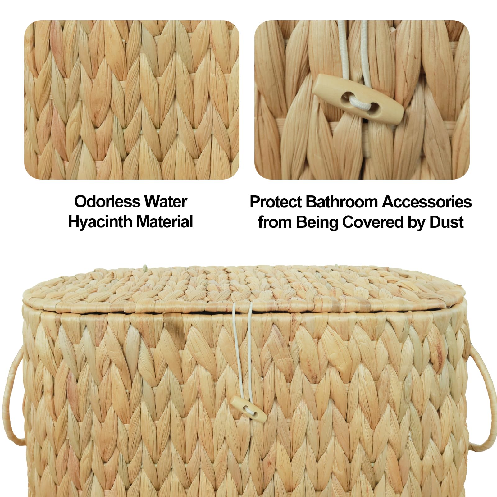 Farmhouse Boho Woven Hyacinth Toilet Paper Storage Basket with Lid - Decorative Bathroom Organizer & Free-Standing Toilet Paper Holder | Perfect for Farmhouse, Rustic & Boho Bathroom Decor