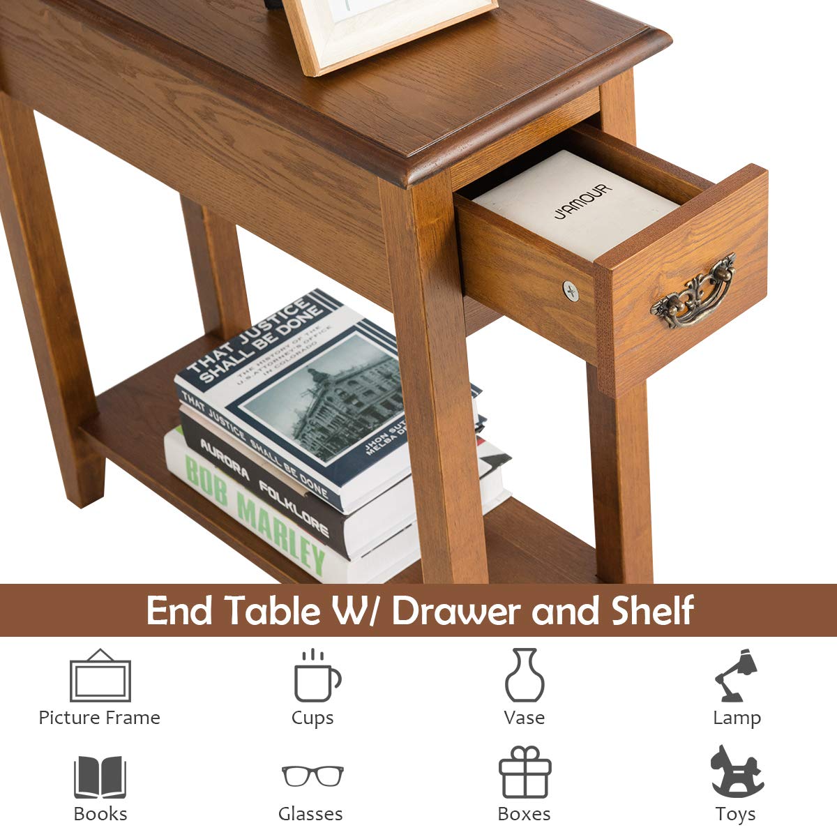Tangkula Narrow End Table with Drawer & Open Shelf - Slim Side Table for Small Spaces, Compact Nightstand for Bedroom & Living Room - 9.8