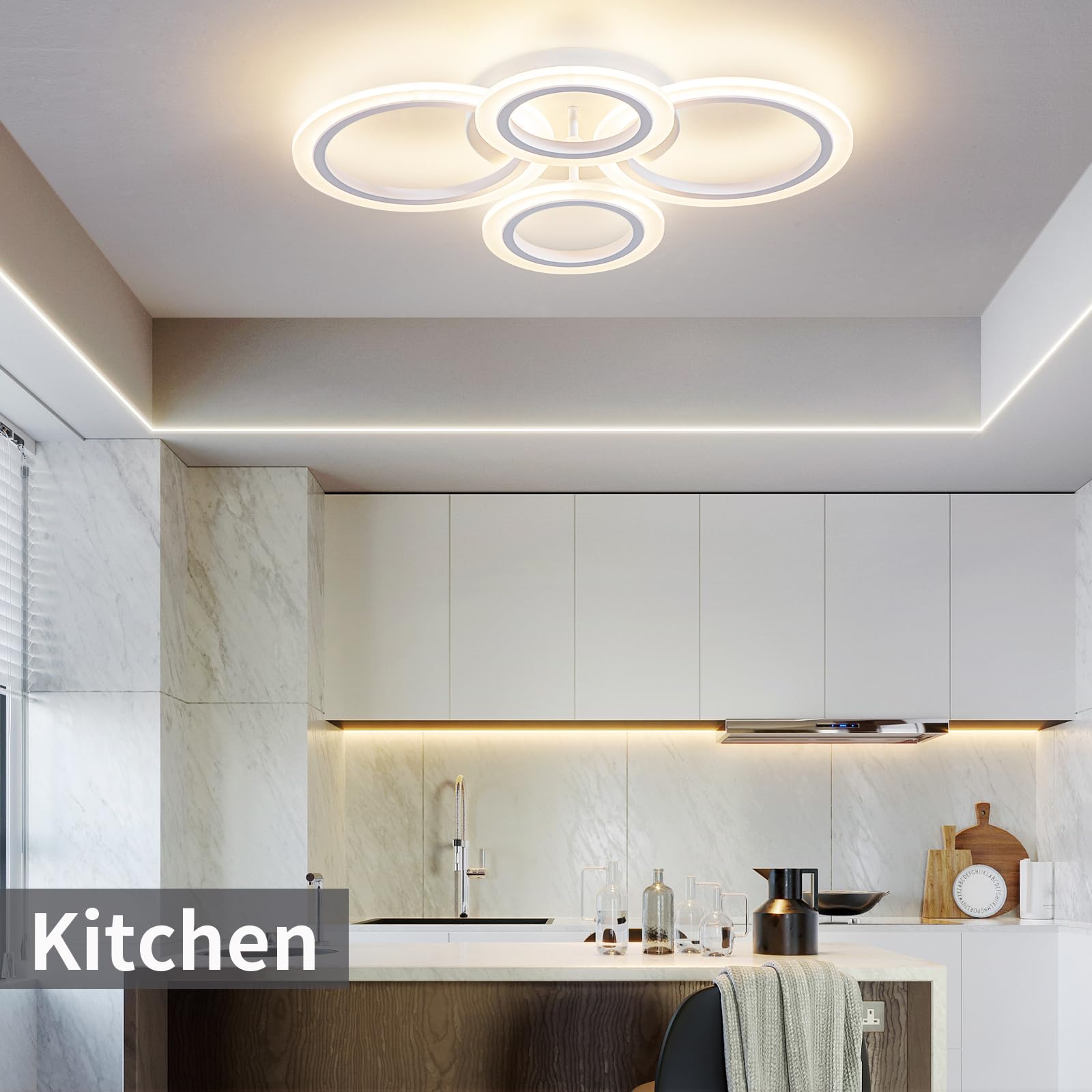 34W LED Ceiling Light with Remote Control, 3000-6000K Adjustable Color Temperature, Dimmable Modern Flush Mount Lighting Fixture - White 4-Ring Round Chandelier for Bedroom, Living Room, Kitchen, Small Spaces | Energy Efficient Home & Office Lighting Solution