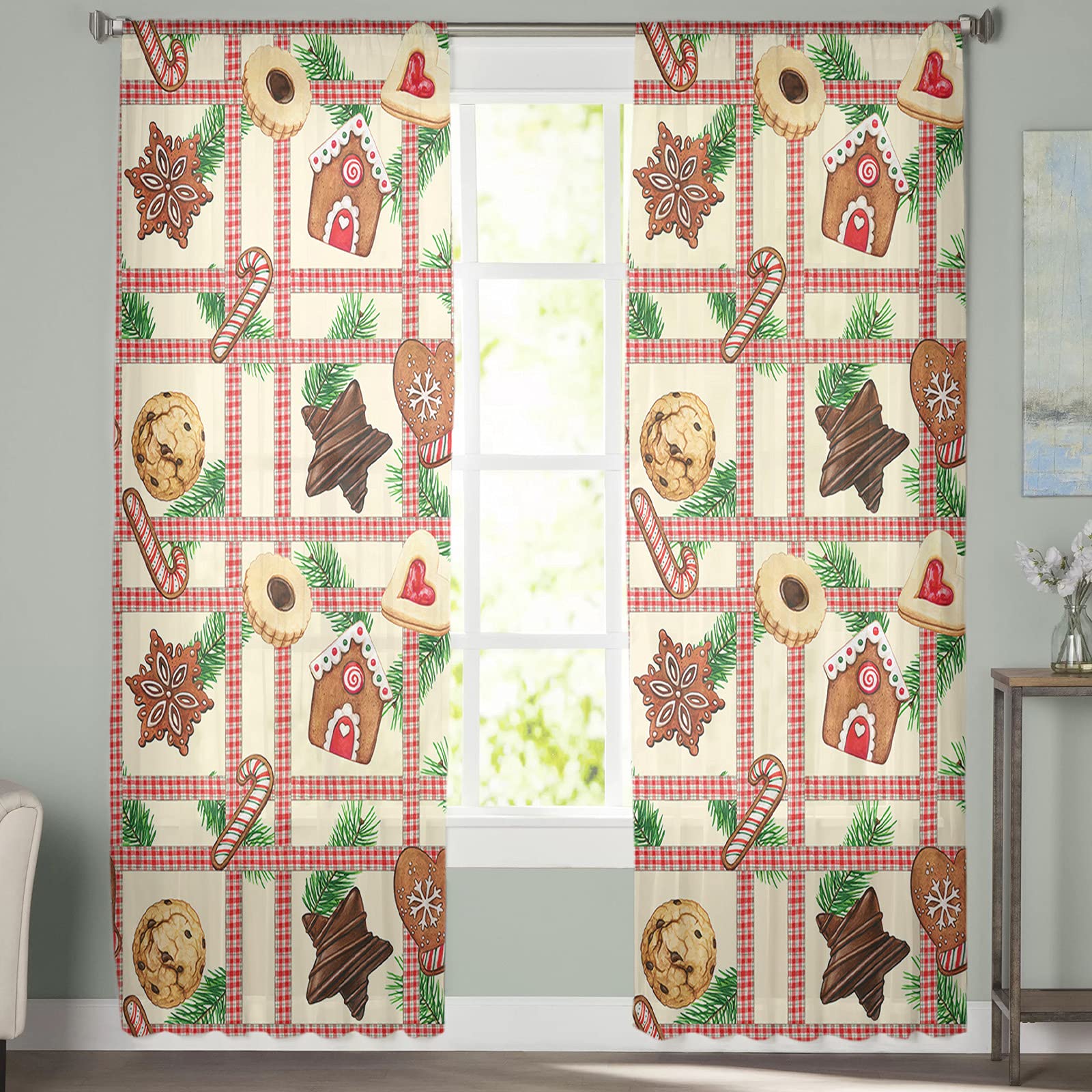 96 Inch Semi Sheer Voile Curtains for Living Room - Light Filtering Rod Pocket Drapes with Christmas Gingerbread Plaid Design - Perfect for Sliding Glass Doors & Holiday Decor (Set of 2 Panels)