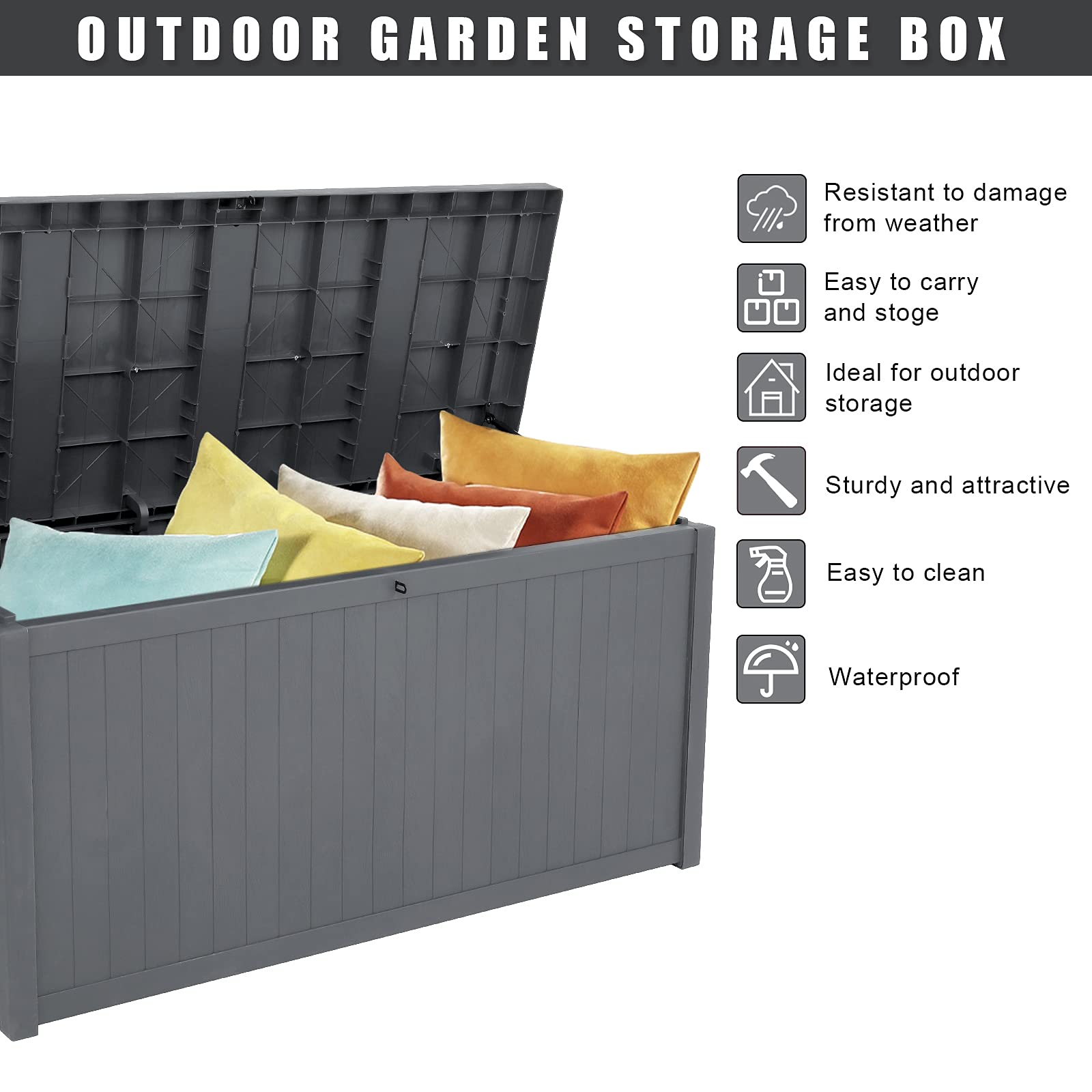 **Large 113-Gallon (430L) Waterproof PP Plastic Deck Storage Box - Outdoor Patio Furniture Cover, Garden & Pool Supplies Organizer (Wooden Surface, Grey) - Perfect for Patio, Backyard & Poolside Storage**