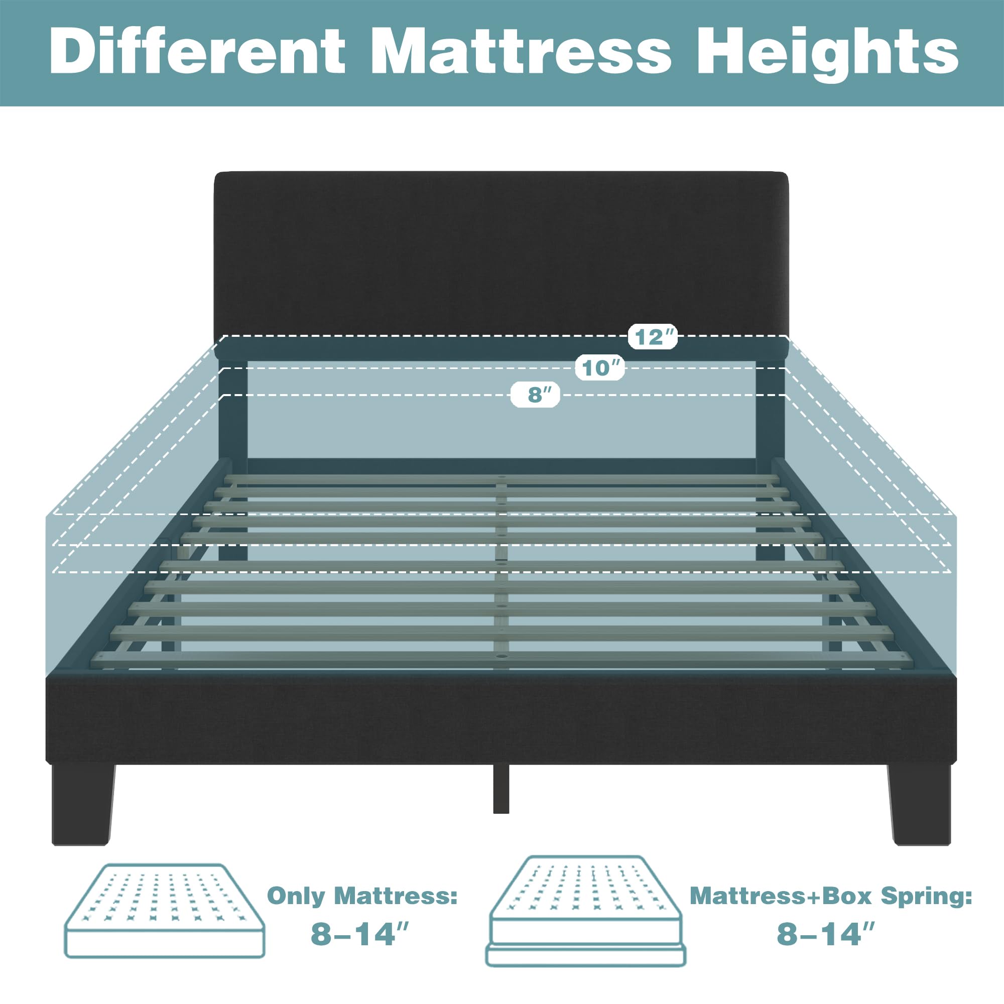 **Lifezone Queen Bed Frame with Upholstered Headboard - Dark Grey Wooden Slat Support, Heavy Duty Metal Feet, No Box Spring Needed - Easy Assembly for Bedroom, Guest Room, or Dorm**