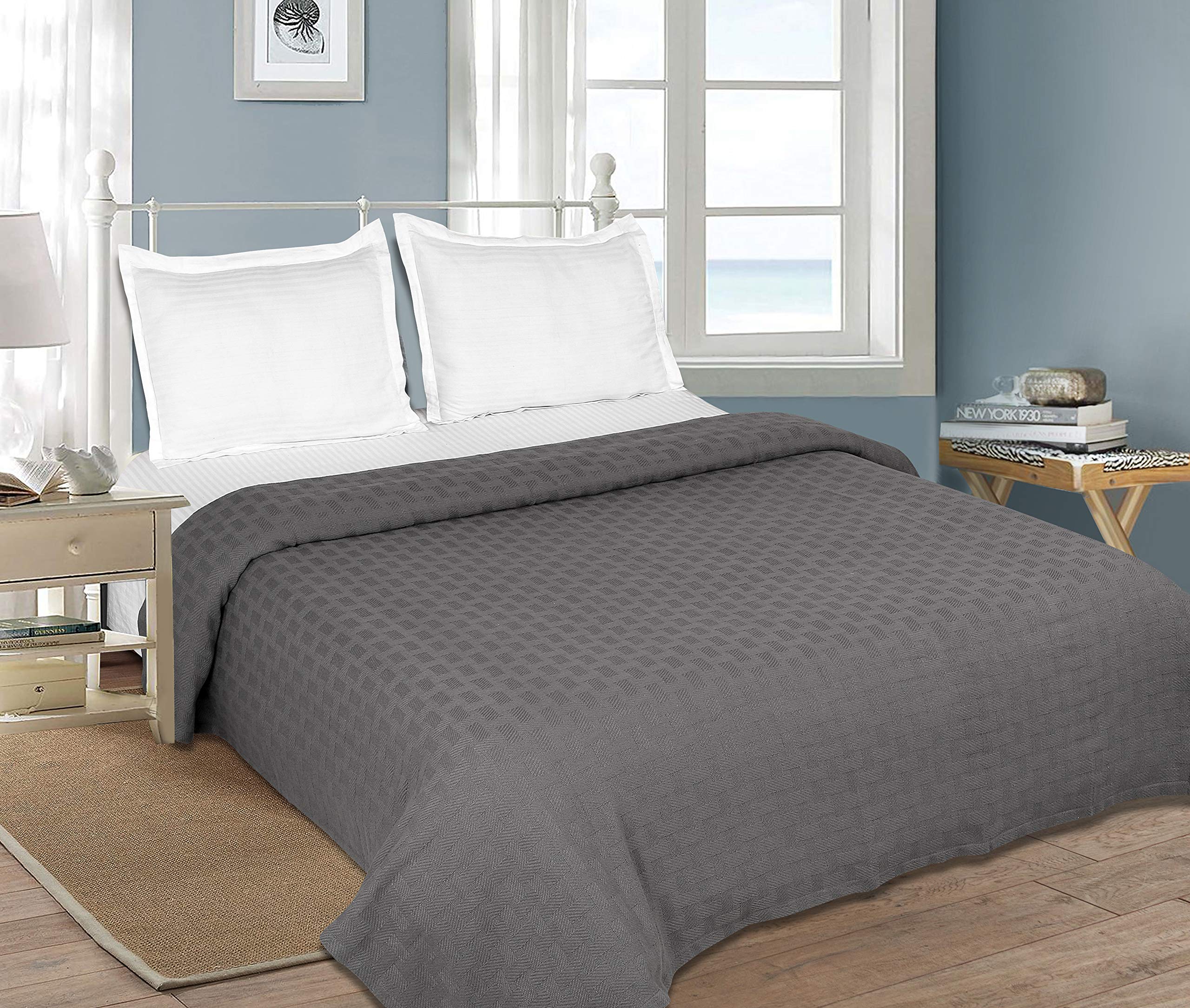 GLAMBURG 100% Cotton Breathable Thermal Blanket - Twin Size All-Season Bedding for Layering - Charcoal Grey - Ideal for Bedrooms, Dorms & Cozy Nights