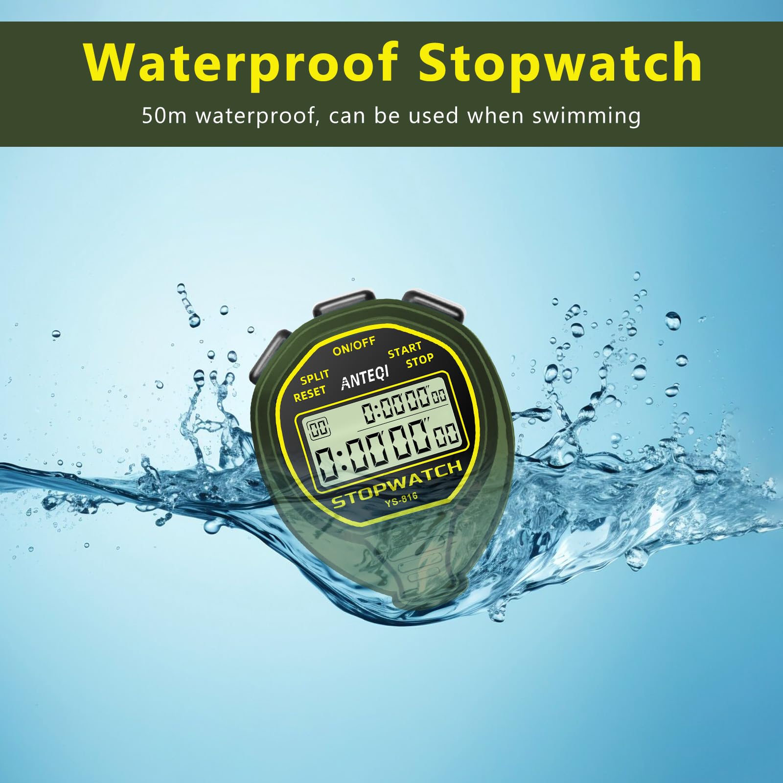 ANTEQI Waterproof Digital Stopwatch - 20-Lap Memory, ON/OFF Function, No Clock/Calendar/Alarm - Silent Sports Timer for Coaches, Swimming, Running, Track & Field Training