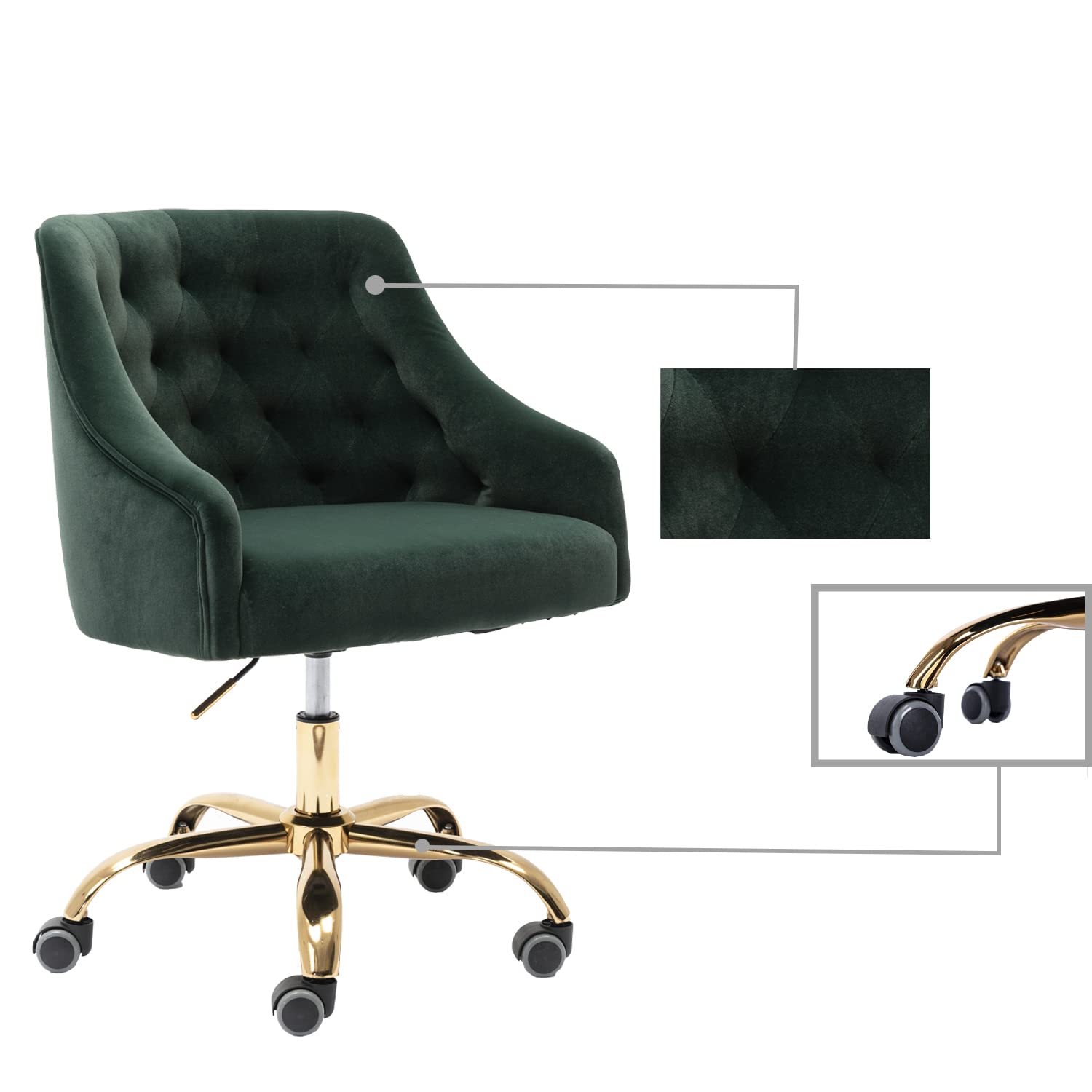 Ergonomic Velvet Swivel Office Chair with Wheels & Height Adjustment - Modern Home Desk Chair for Work, Study, Makeup Vanity - Perfect for Living Room, Bedroom & Home Office (Dark Green)