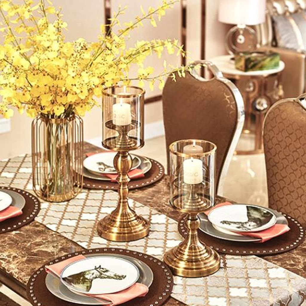 2-Piece Gold Metal & Glass Candle Holder Set - Elegant Candelabra for Cylindrical Candles or Flameless LED Candles - Perfect for Halloween, Christmas, Wedding Decor & Party Gifts - Romantic Home & Table Centerpiece Decorations