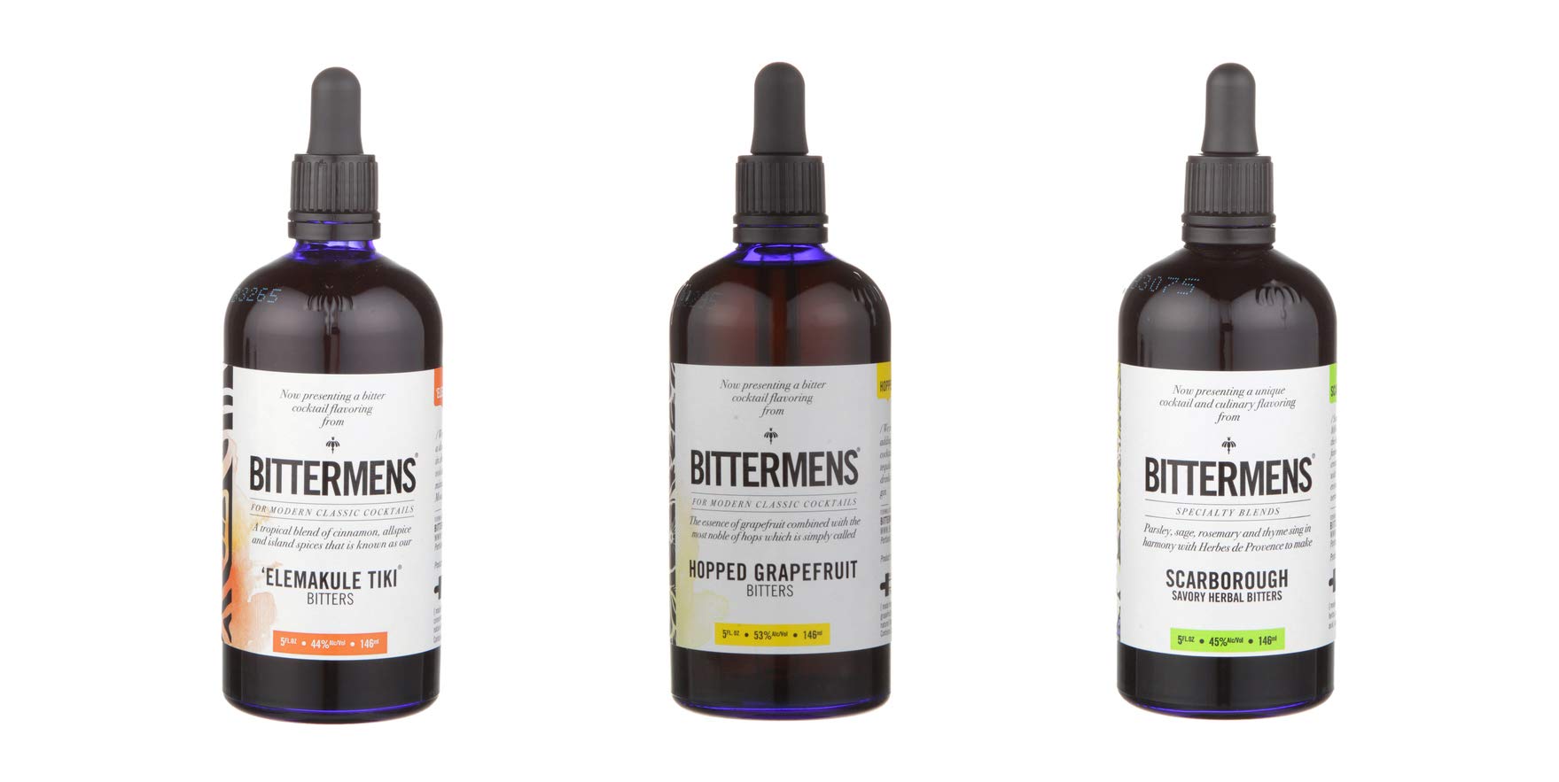 LUV BOX - Variety Pack of 3 BITTERMENS BITTERS (5 Oz Each) - ELEMAKULE TIKI, HOPPED GRAPEFRUIT & SCARBOROUGH Small Batch Cocktail Bitters | Perfect for Mixology, Craft Cocktails & Home Bartending