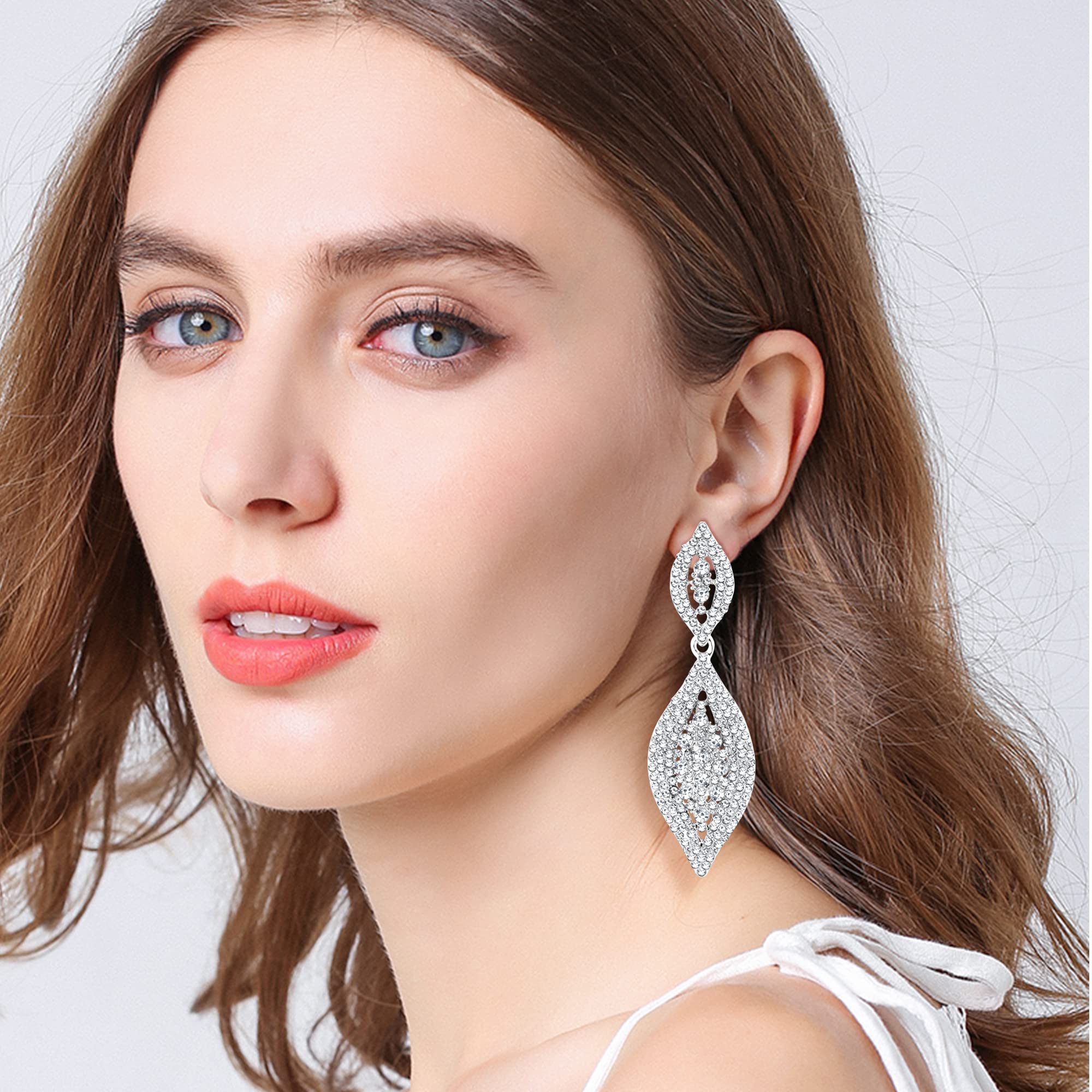 Elegant Silver Teardrop Clip On Earrings for Women - 4 Pairs Rhinestone Crystal Wedding Earrings Set - Non Pierced Dangle Earrings for Bride & Bridesmaid - Perfect for Weddings, Parties & Special Occasions